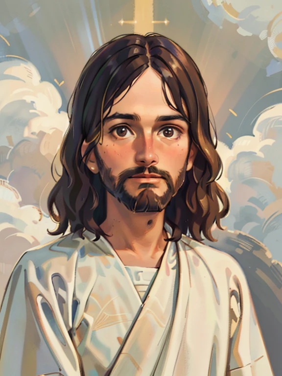 A detailed portrait of Jesus Christ, (best quality, highres:1.2), ultra-detailed, realistic:1.37, with peaceful and compassionate eyes, flowing brown hair, and a serene expression. He is wearing a white robe with intricate folds and textures, radiating light from within. The background is a heavenly scene with golden rays of light and soft clouds, symbolizing divine presence. The color palette consists of warm tones, emphasizing the divine and spiritual significance. The lighting is soft and ethereal, casting gentle highlights and shadows on his face and robe, enhancing the sense of awe and reverence.