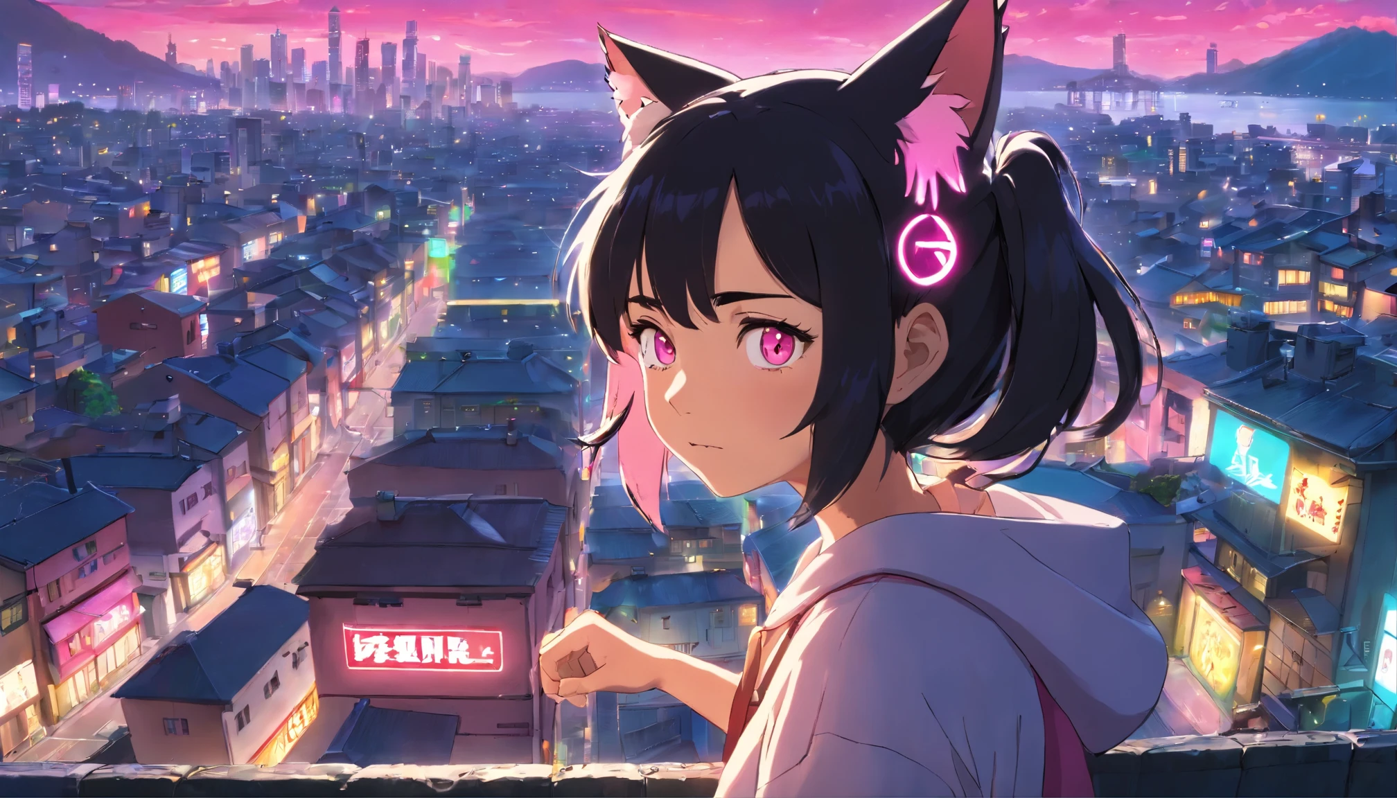 (masterpiece:1.1), (highest quality:1.1), (HDR:1.0), evening, cityscape, 1girl, solo, cat_ears, ears_down, looking_at_viewer, upper_body, black_hair, pink_eyes, outdoors, cyberpunk, science_fiction, neon_lights