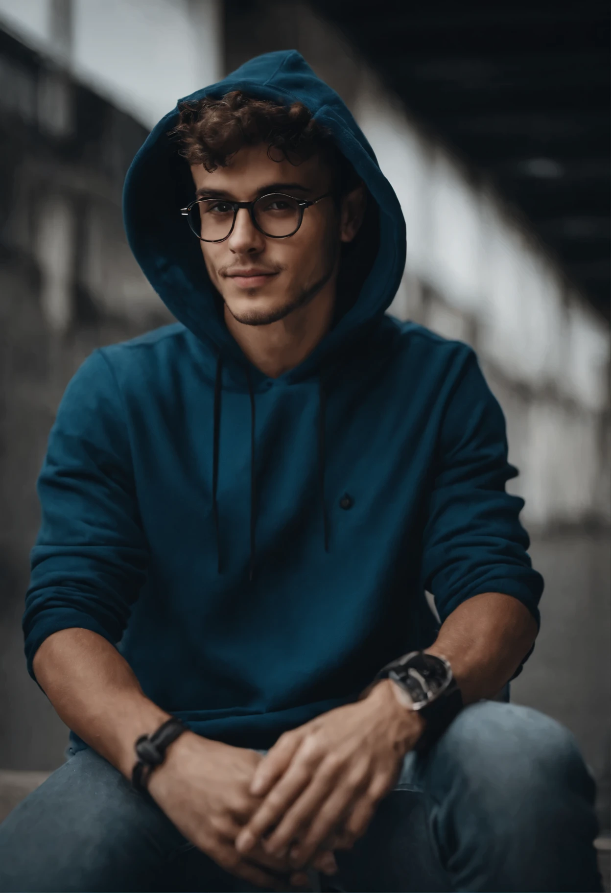 [mâle] [cheveux bruns] [yeux marrons] [lunettes noires] [Souriant] [Porter un sweat à capuche bleu clair] [Jean noir] [23 ans]