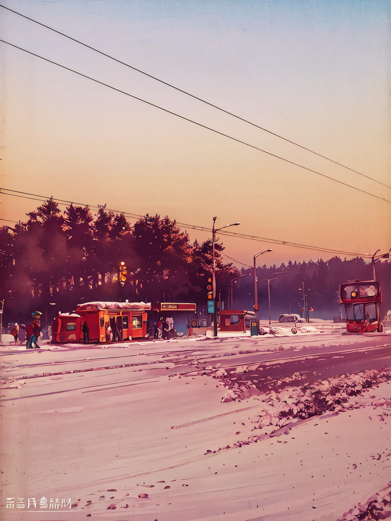 a bus is driving down the street, soviet bus stop, Bus stop, people waiting at the bus stop, the photo was taken from afar,Snow in the background, pin art, Alberto Vargas Pinup Style, fantasies, Lush clouds