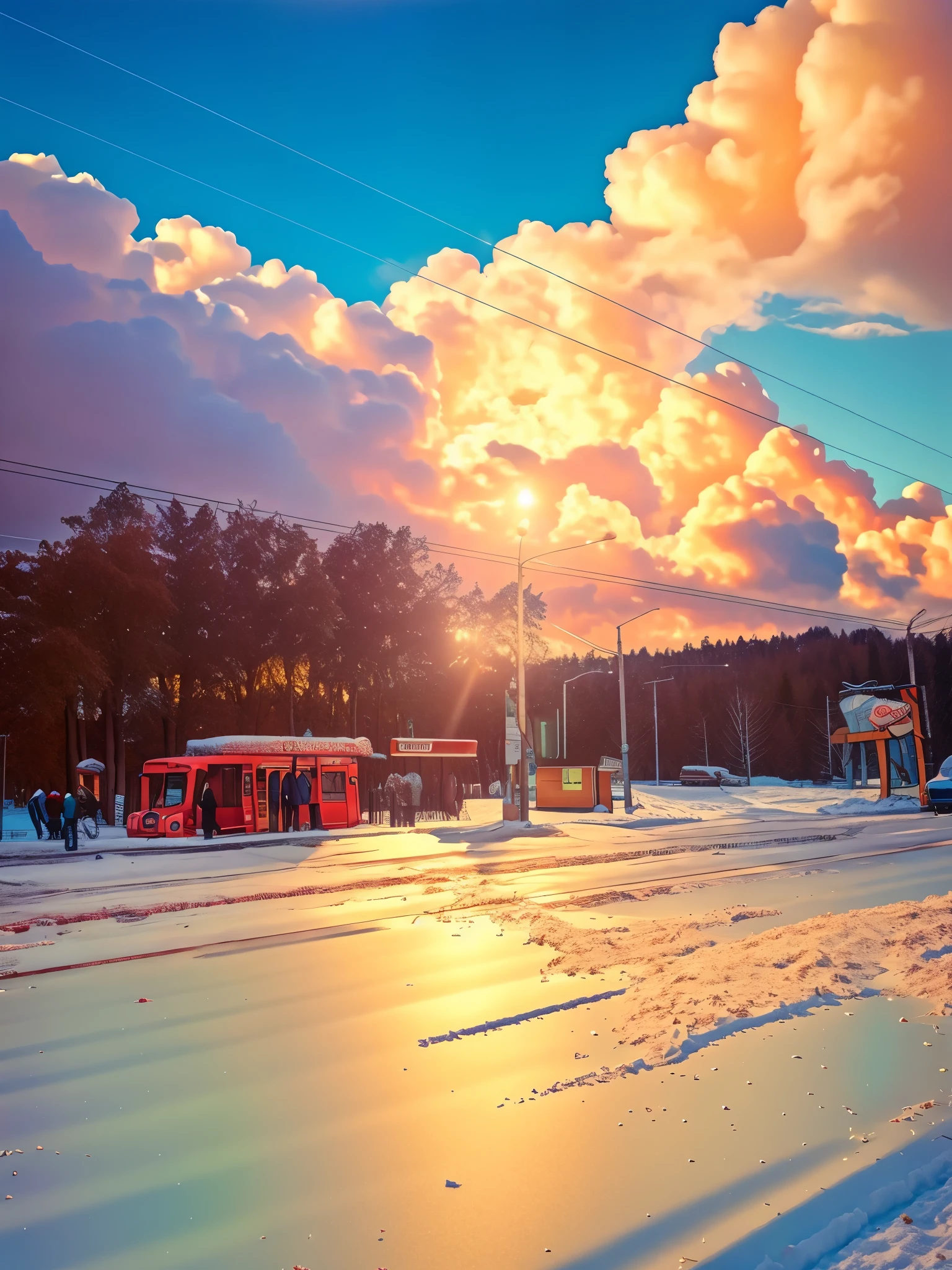 a bus is driving down the street, soviet bus stop, Bus stop, people waiting at the bus stop, the photo was taken from afar,Snow in the background, pin art, G3orgePetty, fantasies, Lush clouds