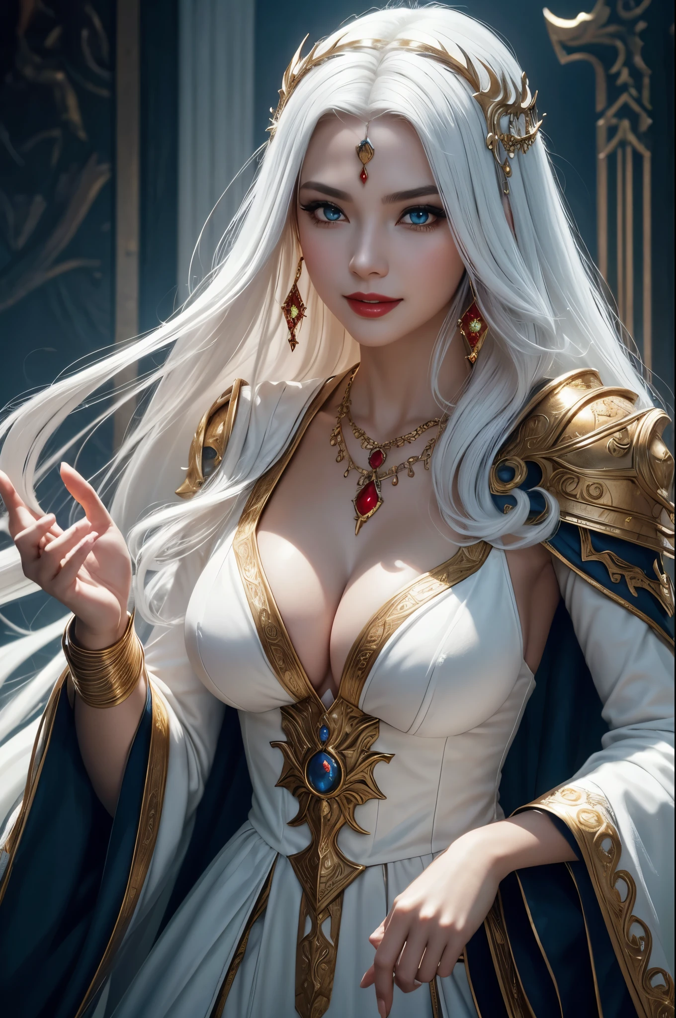 8K,very big breasts,long white hair,Close-up of a woman wearing a white evil god costume holding a divine staff, beautiful fantasy empress, ((beautiful fantasy empress)), glamorous.very high detail, extremely detailed , up to the model | types of bacteria, trending on cgstation, Chenwei Pan On Art Station, luxurious black cloak,Super high resolution,super realistic skin,beautiful expression,fantasy art,laughter(Like the real thing),straight hair,golden eyes,Red Gem Earrings,blue gemstone necklace,luxury white gauntlet,red lipstick,red eyeshadow,evil god makeup,battle scene,action scene,fighting pose,masterpiece,Photorealistic RAW photos of the highest quality。bright colors,rich colors, Backlight, cinematic lighting, film grain, 50mm lens, Nikon D850,beautiful expression,fantasy art,character art,look at the viewer,perspective from above,smile,Slightly thicker figure,