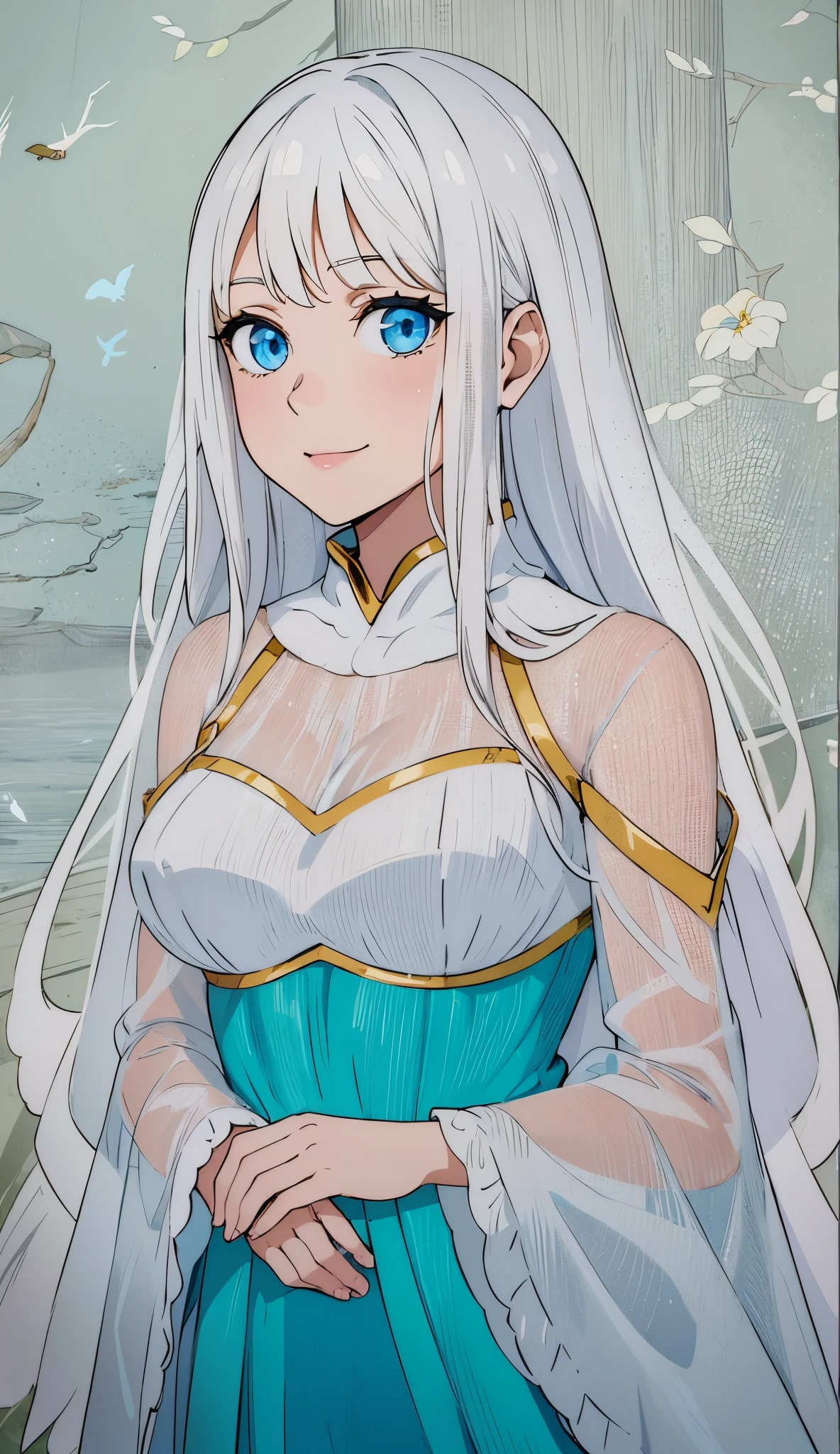 young girl, long white hair, blue eyes, forest fairy, flower fairy, Masterpiece, highquality, high detail, HD, 4k. Facing front, looking at viewer, smiling. Goddess like long dress. With wings, fairy. Flower crown. Looking at viewer, standing straight. Anime. White background