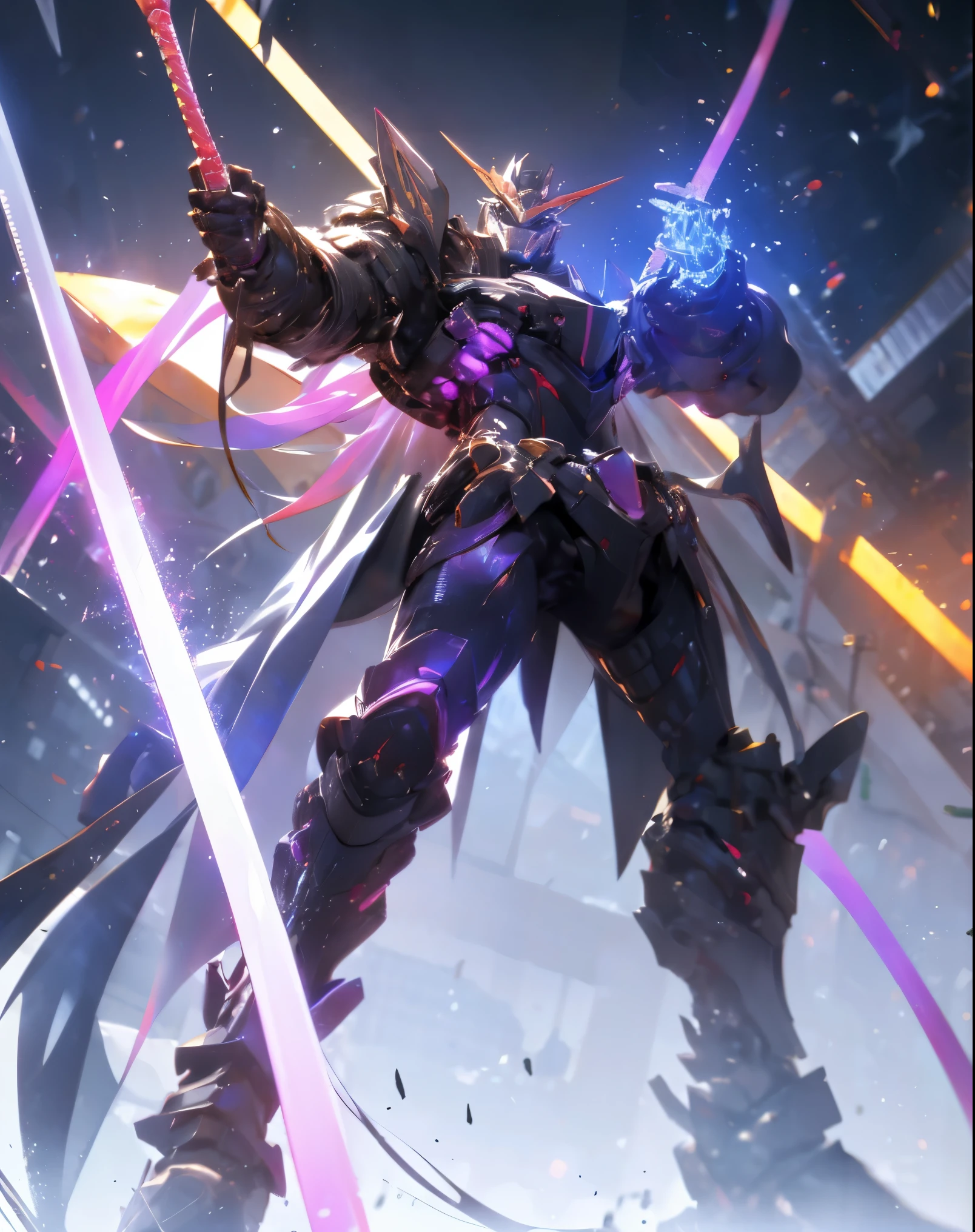 super wide shot, Full body photo of him giving a badass pose, (Masterpiece) ， The best quality， High quality， （futurism：1.1）， （Mech with a sword,  Hellish,  Silver and purple， 电影灯光， （Exquisite future），Dark and beautiful， Ultra detailed， great composition， Floating， Depth of field， （Very detailed CG，Unity 8k壁纸）， （Beautiful detail background）， dramatic lights， GOGETTA， Mecha Badass Hero screaming，best quality，超高分辨率，Photorealistic, (solo), (1man)