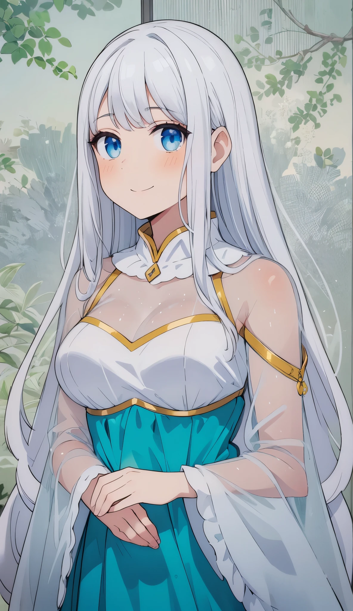 young girl, long white hair, blue eyes, forest fairy, flower fairy, Masterpiece, highquality, high detail, HD, 4k. Facing front, looking at viewer, smiling. Goddess like long dress. With wings, fairy. Flower crown. Looking at viewer, standing straight. Anime. White background