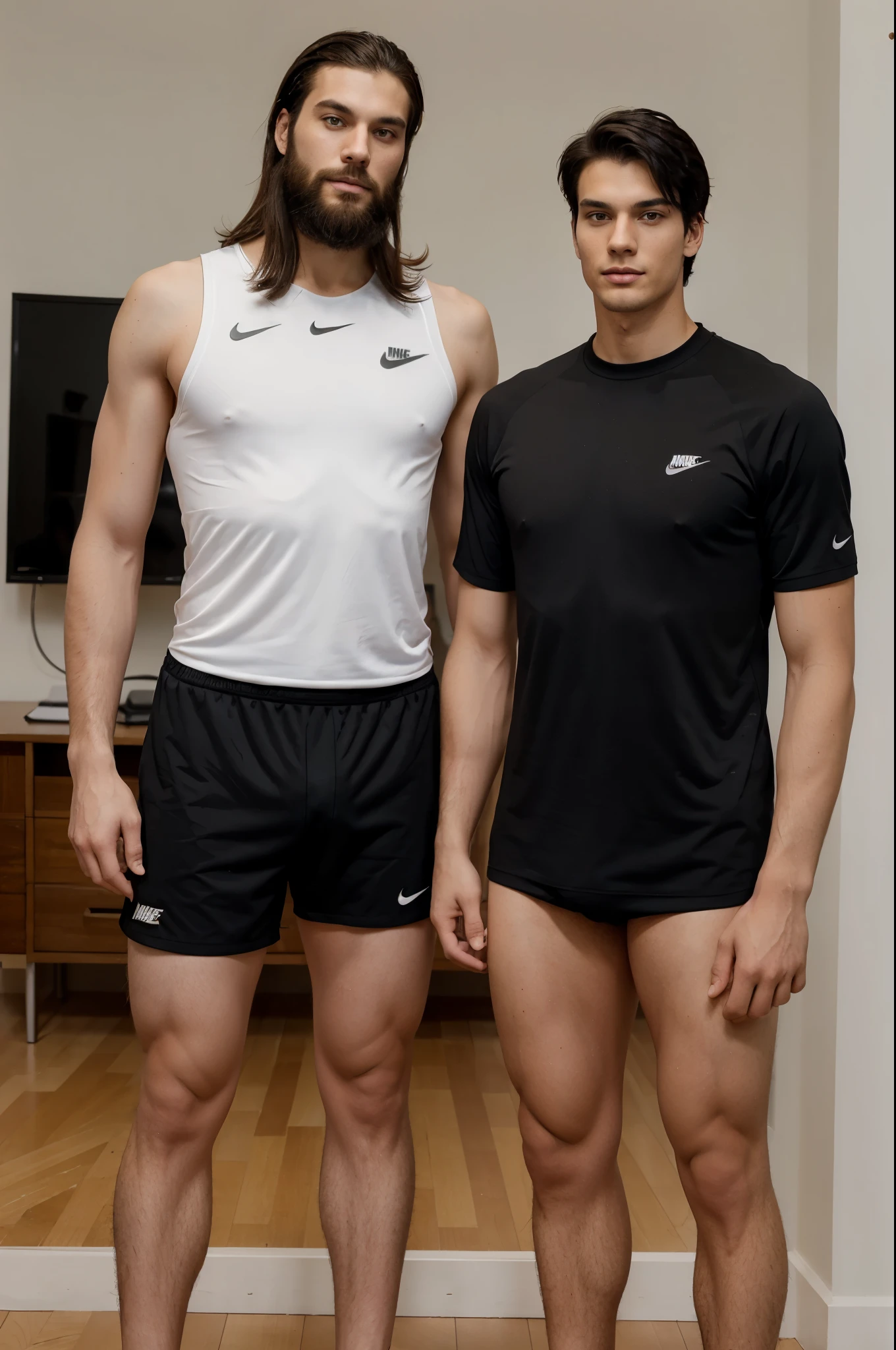 Two young men posing for a family photo. Well developed bodies. One is 196 cm tall and the other is 184cm tall. Athletic body. Both have black hair. The taller man has a long beard. Nike Sport attire