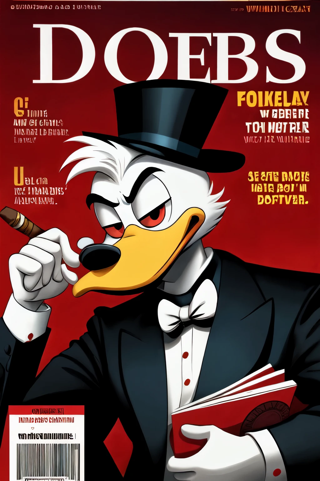 Donald Duck, forbes cover, smoke cigar, talk to money stack, darky, mafia father, top hat
