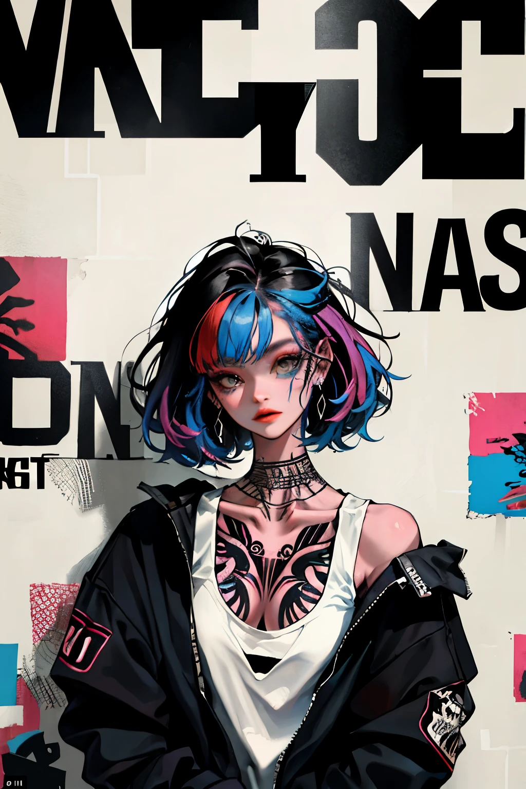 (masterpiece: 1.2, best quality), (real picture, intricate details), (1lady, solo, upper body, big tits) Clothing: sharp, stylish, cool, fashionable, non-standard, avant-garde, experimental Appearance: shaved head or bold hair color, spectacular makeup, unconventional fashion choices, tattoos on the arms Behavior: rebellious, non-conformist, provocative Venue: Urban Art District, Underground Music Scene Hobbies: attending punk shows, creating art in mixed media, experimenting with different subcultures Values: individuality, authenticity, creative expression Sources of inspiration: punk rock, counterculture icons, avant-garde art movements Character traits: bold, daring, non-standard.
