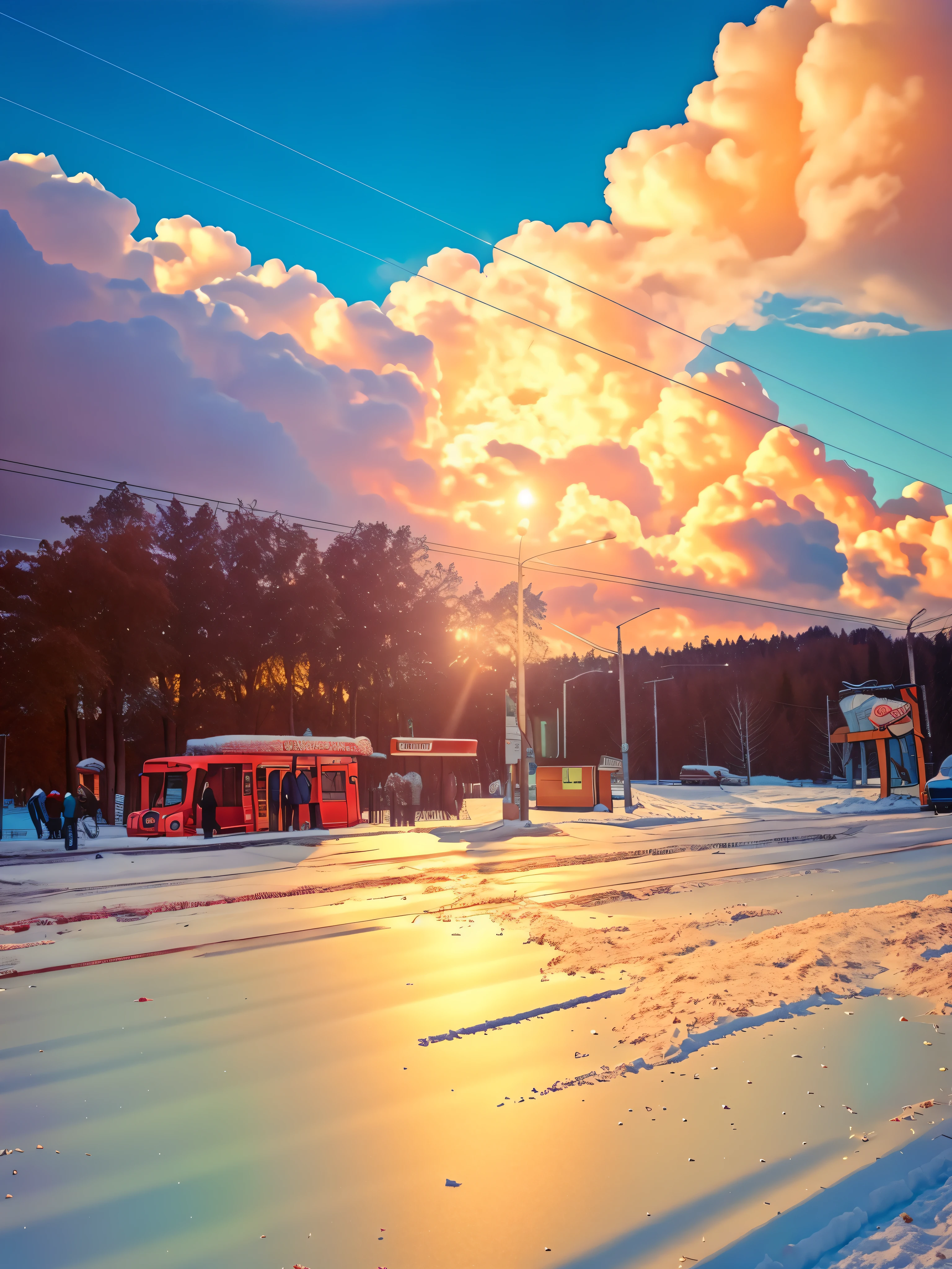 the bus is driving down the street, soviet bus stop, Bus stop, people waiting at the bus stop, the photo was taken from afar,Snow in the background, Pin art, G3orgePetty, fantas, Lush clouds