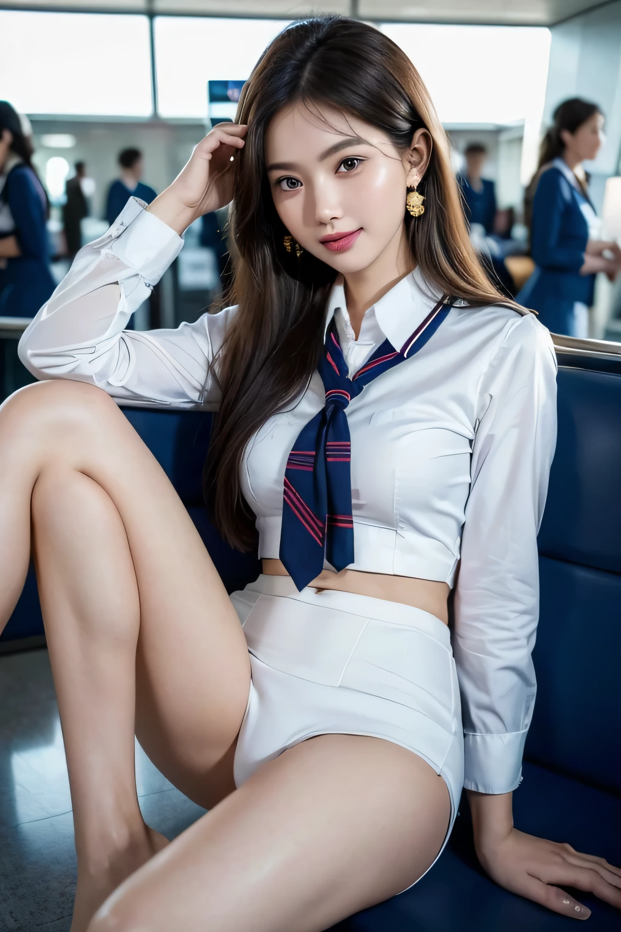 (masterpiece:1.2),(8K high resolution), (highest quality), (RAW image quality), (realistic), (realistic:1.37),long eyelashes,(Live-action realistic style),realistic light and shadow,clear facial features,,Fair skin,best portrait, 1-Girl,highly detailed skin,(Beautiful face with double eyelids), (realism: 1.4),((full body image)) ,delicate and beautiful face,,woman around 30 years old,(beautiful face 1.4),straight hair length,,(lipstick,beautiful earrings),((Taken at the airport)),(stewardess uniform,)),(Stewardess in uniform),,(3/4 length),Shoot head-on,,Close-range shooting,((sitting inside the airport,Show your panties)),,(((Look at the audience and smile),、((Wearing a stewardess uniform)),(smile without opening your mouth),(Please sit down),((Sit in front of the viewer)),sit with legs apart,Sit with your legs apart in front of the viewer,You can see the white panties,Open your legs to show your crotch,(sit with your knees up)