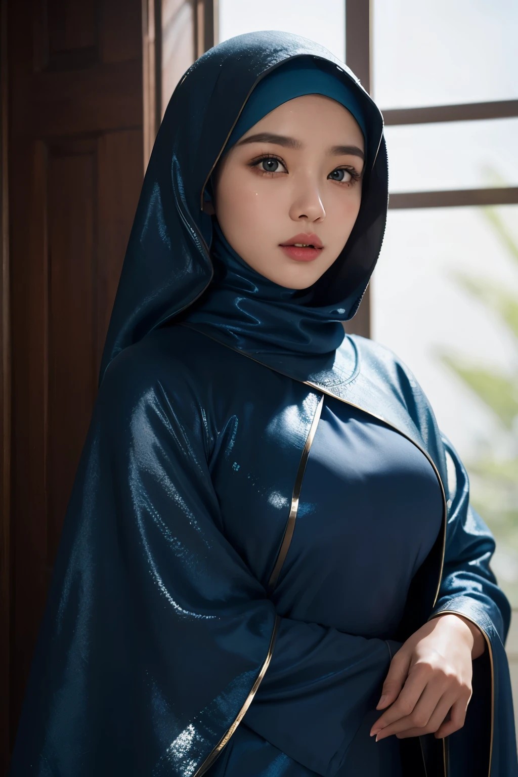 best quality, masterpiece, realistic:, luminate, beautiful muslim, hijab, twirling hijab, fully covered robe, 1 girl, blue hijab, blue eyes, Front, detailed face, beautiful eyes, close up shot, dark blue dress, tight dress, super shiny dress, ao dai dress, volumetric lighting, gorgeous body, moist skin, in a room, window light, 50mm f1.4 lens, fully covered dress, ornamented robe, close up portrait, young face, cute asian face