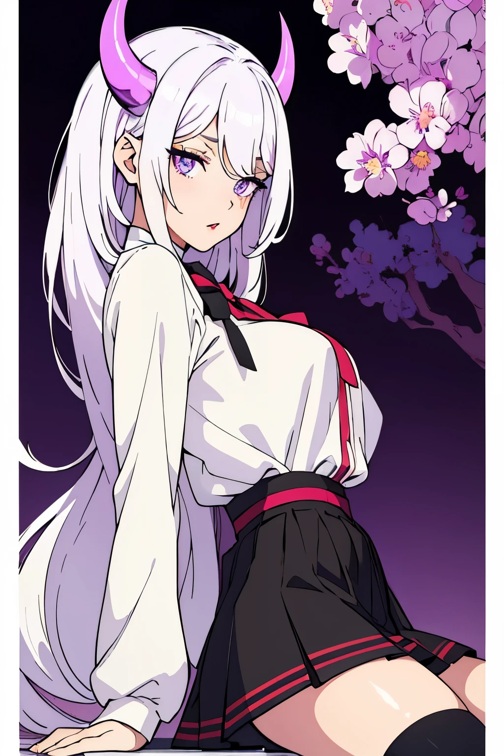 (Best quality:1.1), (Masterpiece:1.4), (Illustration fantastique:1.2), 1fille, ((bimbo)), Cute girl, Long white hair, long strands on the sides, light violet eyes, wide black horns, a very, very short skirt.