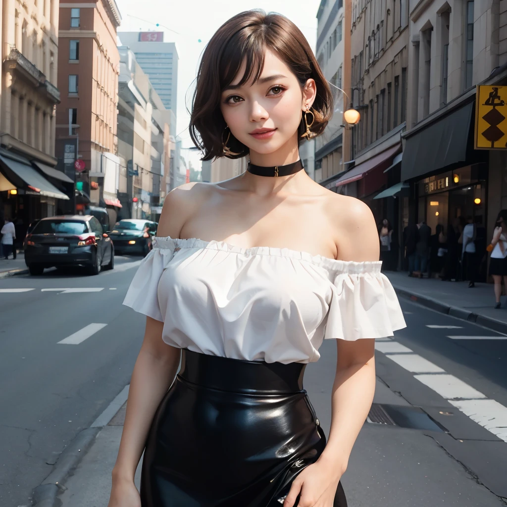highest quality, ultra high resolution, (realistic:1.4), 1 female, young,sensual, Brown_eye, Short hair, (Brownの髪:1), (huge breasts:1), off shoulder white shirt, black tight skirt, black choker, earrings, city, seductive smile, looking at the viewer, claw pose, full body shot
