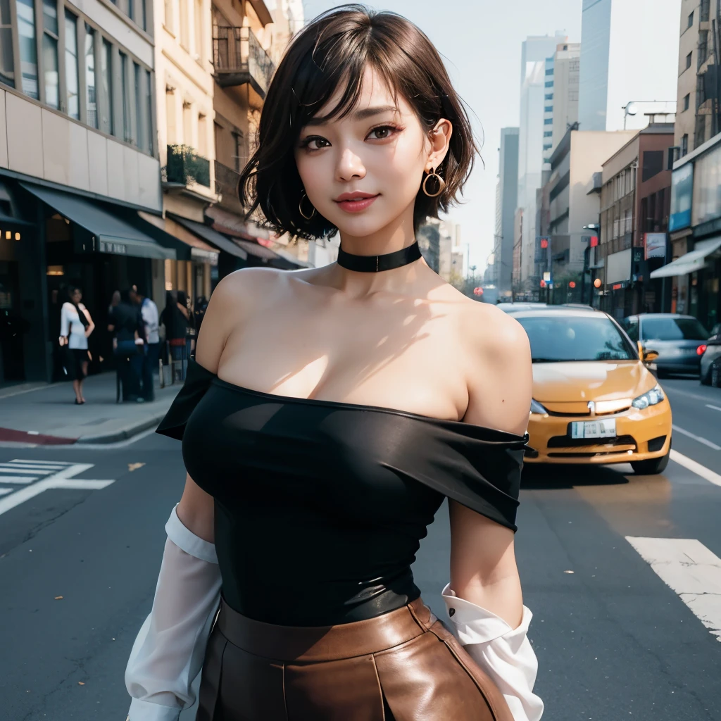 highest quality, ultra high resolution, (realistic:1.4), 1 female, young,sensual, Brown_eye, Short hair, (Brownの髪:1), (huge breasts:1), off shoulder white shirt, black tight skirt, black choker, earrings, city, seductive smile, looking at the viewer, stick out one&#39;s butt, back focus