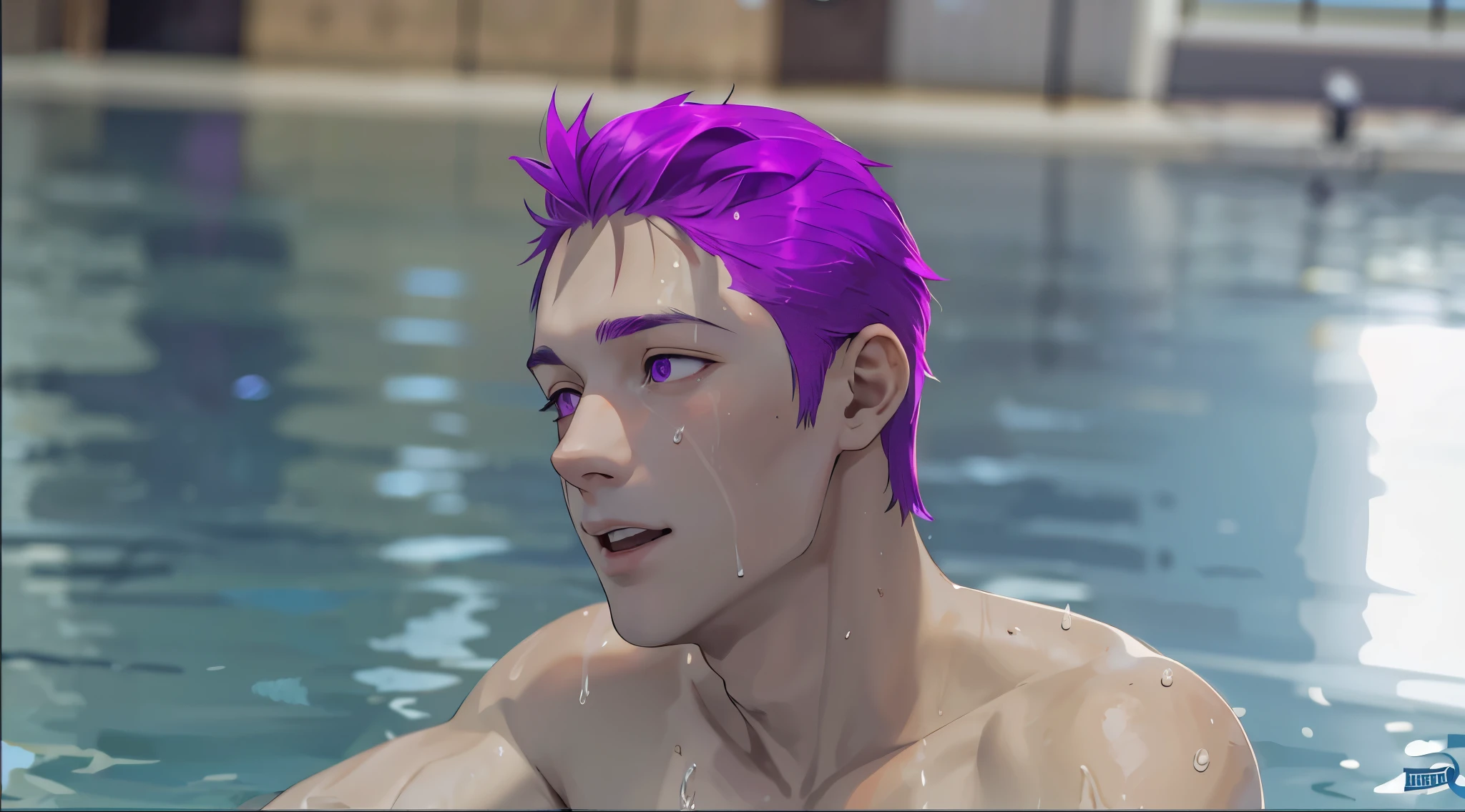 a 15 year old boy with violet hair wearing swimming goggles violet hair in a pool