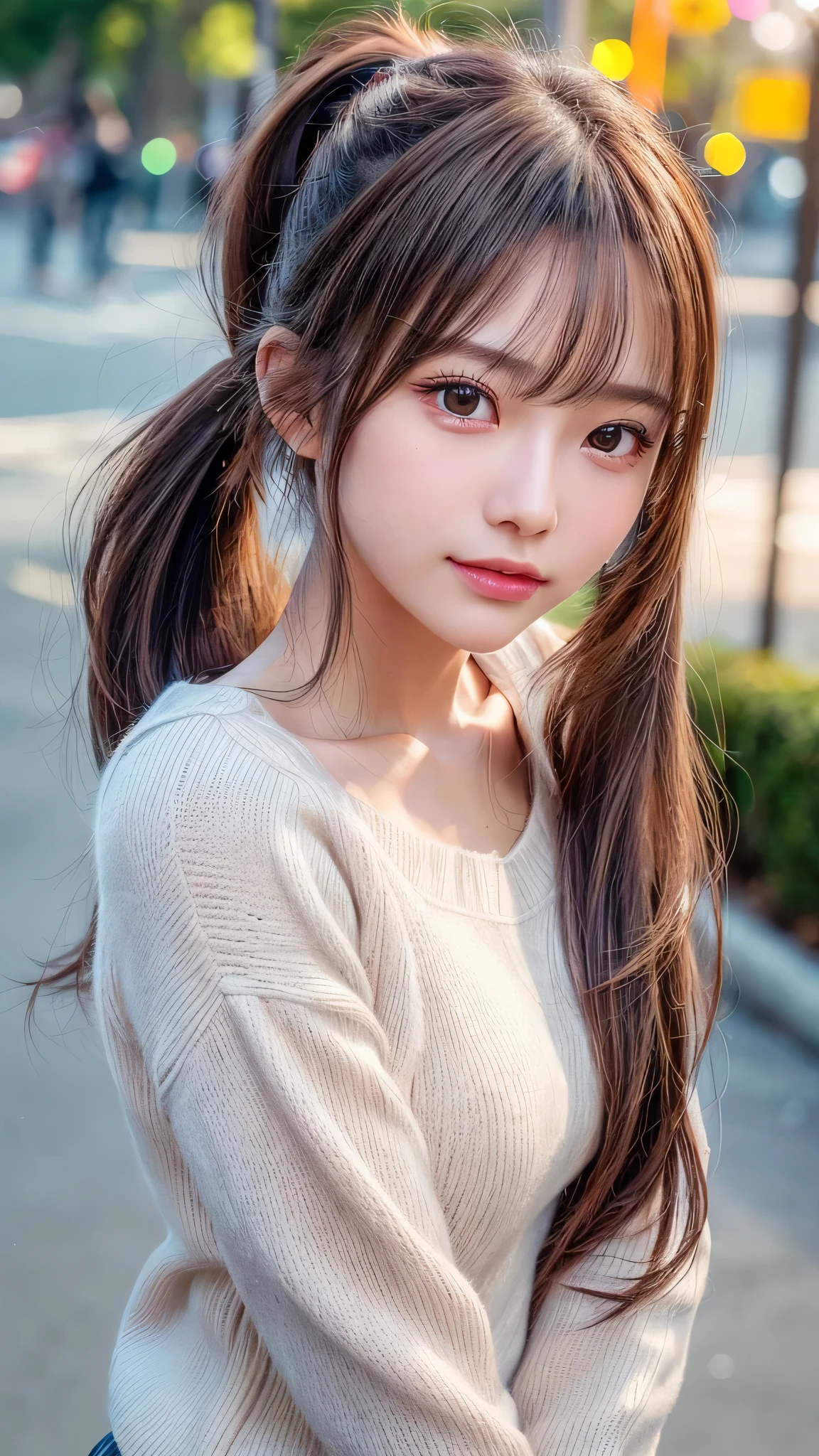 blush,,small breasts,winter,long hair ponytail,winter,wearing a white long-sleeved knit sweater,wearing jeans,enjoying the date,amusement park,close up of face,((8K, Raw photo, best quality, muste piece:1.2), (Reality, photorealistic:1.4), (Highly detailed 8K wallpaper), Depth of bounds written, cinematic lighting, soft light, detailed beauty eye,Shiny and smooth light brown ponytail, asymmetrical bangs, shiny skin, super detailed skin ,high resolution, high detail, detailed hairstyle, detailed beauty face, hyper real, perfect limbs, perfect anatomy ,1 Japanese girl,famous japanese idol, perfect female body,shy smile,short eyelashes,double-edged eyelids,look straight here,Hair style is ponytail,