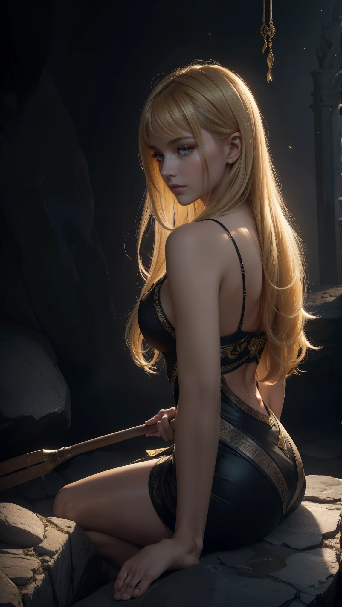 (最high quality:1.2,Super detailed,surreal:1.37),(Background where the waning moon is visible),(blue skin),golden ratio, intricate details, beauty of nature, bright colors, soft lighting,((最high quality))(best image quality,8K:1.3,high quality,realistic texture),(Ancient Greek style,beautiful fingers,very quiet music,dark place,soft light,very dark contrast:1.2,Strong backlight,solemn atmosphere:1.2,sharp shadows:1.3),thin body,expensive,Detailed facial information,delicate eye description,closed mouth,length, (Super long intricate wavy hair with bangs,blonde:1.2,very long right parted bangs),(43 years old,adult woman),Beautiful yellow eyes,look far away,Composition to the toes,whole body,(have a rock hammer)