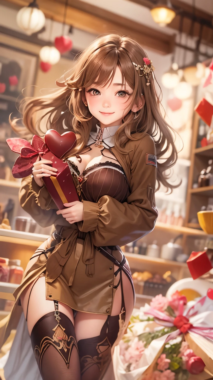 valentine chocolate gifts、realistic、1 girl、cleavage、light brown hair、smile