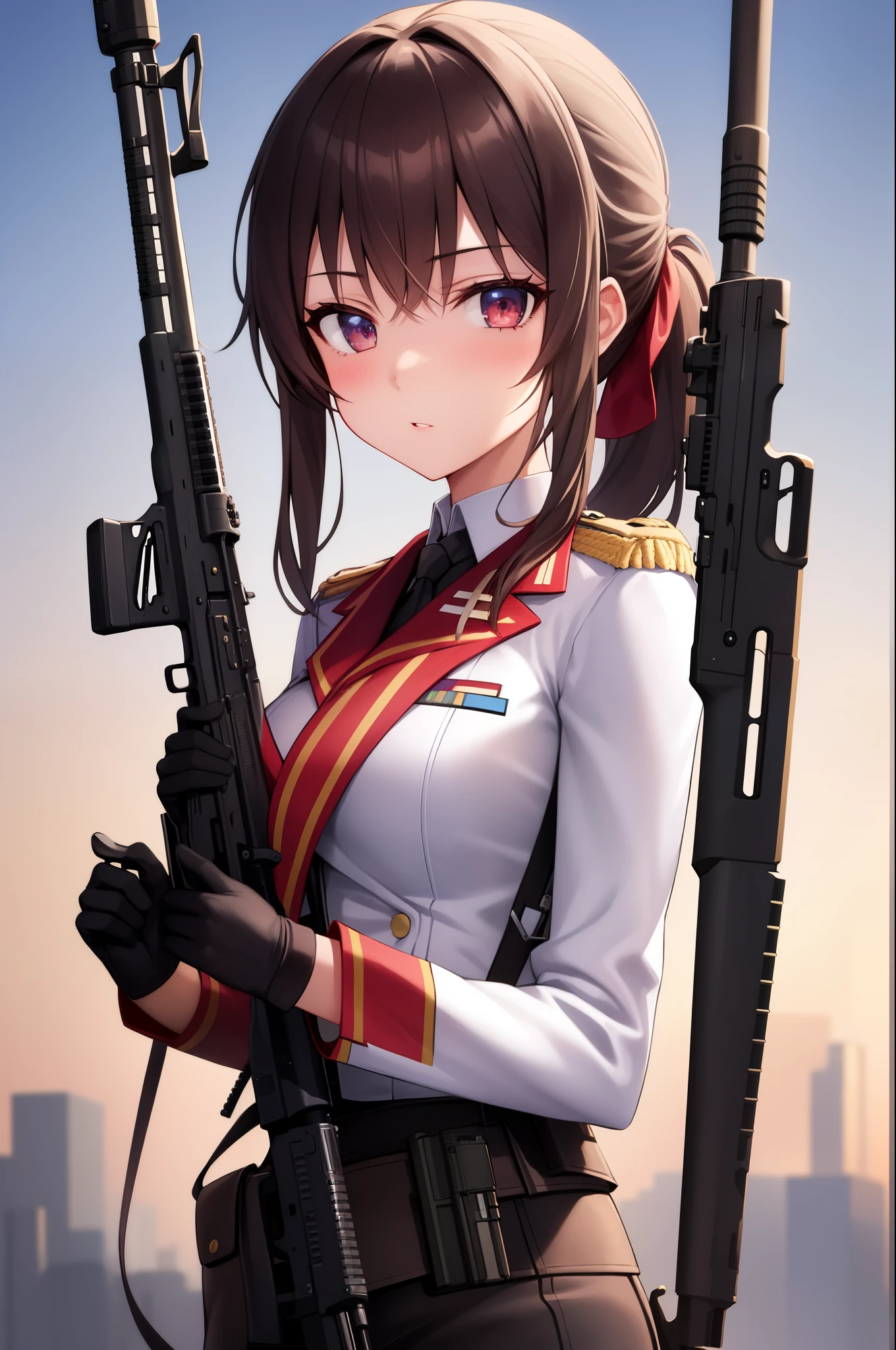 1girl, folded_ponytail, gloves, gun, military, military_uniform, rifle, sky, solo, upper_body, weapon
looking at viewer, masterpiece, best quality,