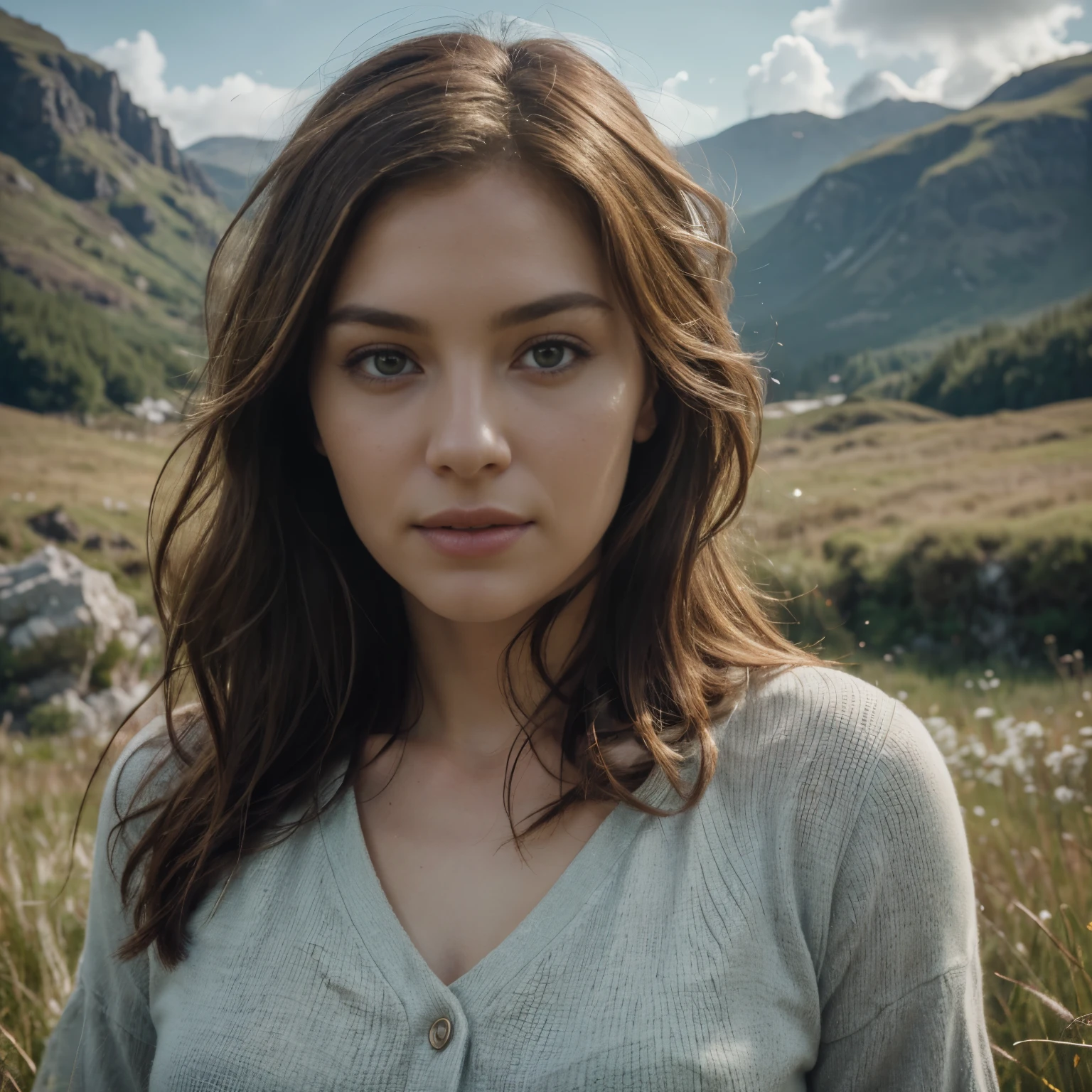 (Best quality,4k,8k,highres,masterpiece:1.2),ultra-detailed,(realistic,photorealistic,photo-realistic:1.37),scottish highlands,beautiful detailed eyes,beautiful detailed lips,extremely detailed facial features,long eyelashes,auburn hair flowing in the wind,flowing green grass,tall majestic mountains,cascading waterfalls,delicate wildflowers scattered across the landscape,sunlight peeking through the clouds,misty atmosphere,soft color palette,vivid colors,ethereal lighting