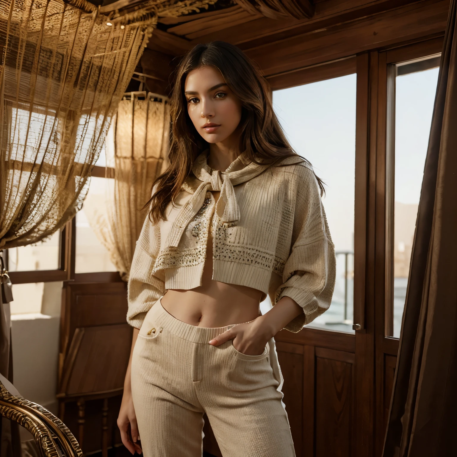 "Create a captivating post featuring our model adorned in the latest luxury fashion ensemble, set against a backdrop of sophistication. Emphasize the intricate details of the outfit and showcase the model's confident aura. Use warm, inviting tones in the caption to invite followers into the world of timeless style