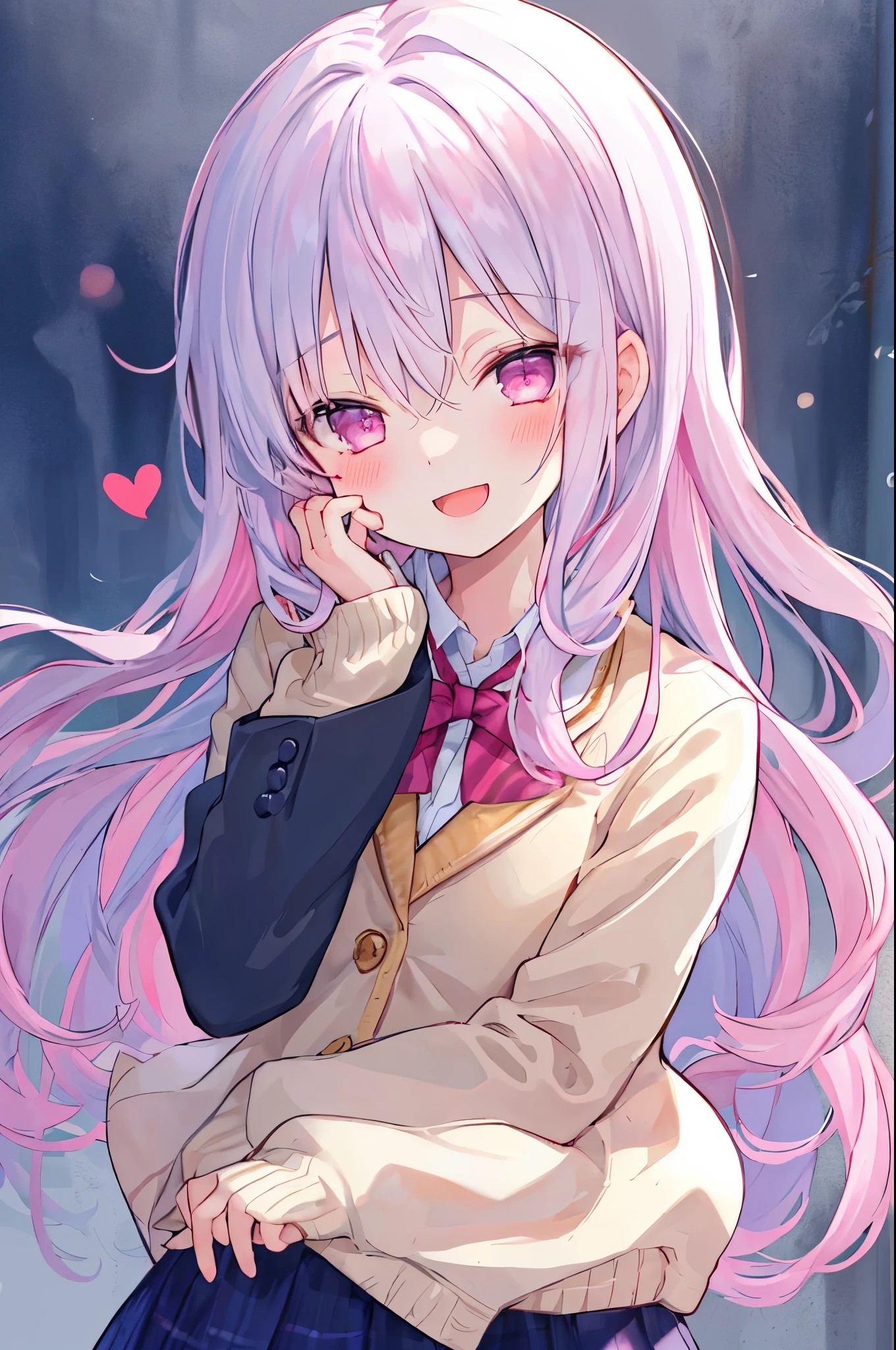 1 girl, :d, ^ ^, bangs, blush, close your eyes, eyebrows visible through hair, Face-to-face audience, hair between eyes, put your hand on your cheek, put your hand on your face, raise your hand, heart, Pastel colors hair, long hair, school blazer, long sleeve, open your mouth, Sleeves that go beyond the fingers, sleeves go over wrists, smile, alone