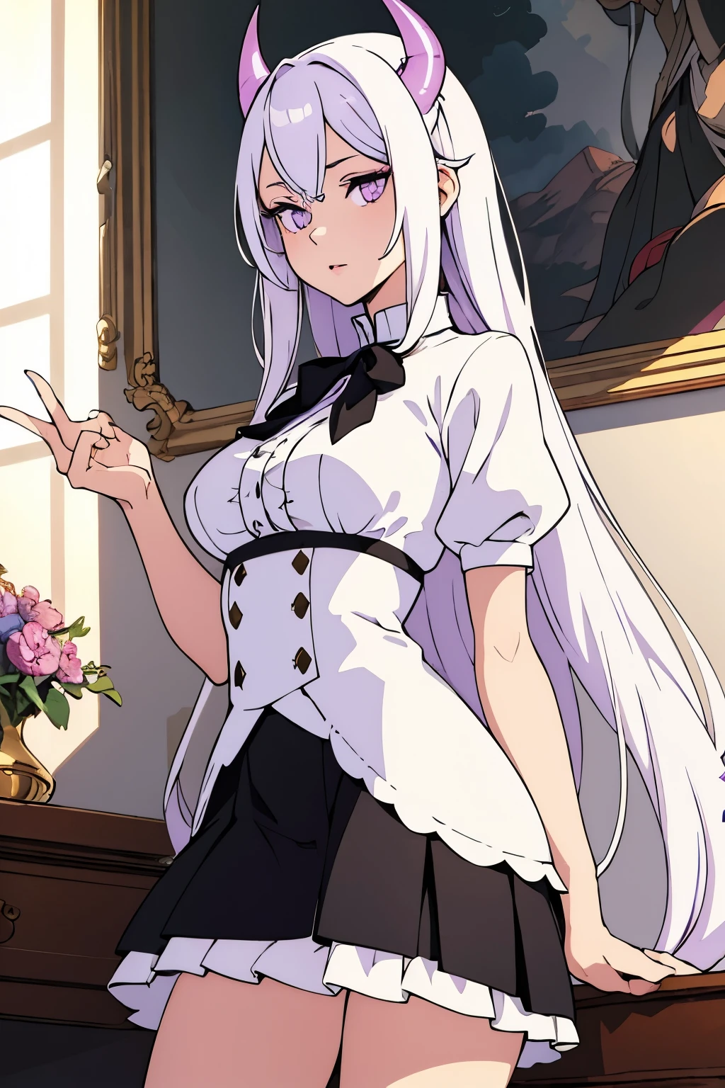 (Best quality:1.1), (Masterpiece:1.4), (Illustration fantastique:1.2), 1fille, ((bimbo)), Cute girl, Long white hair, long strands on the sides, light violet eyes, wide black horns, a very, very short skirt,