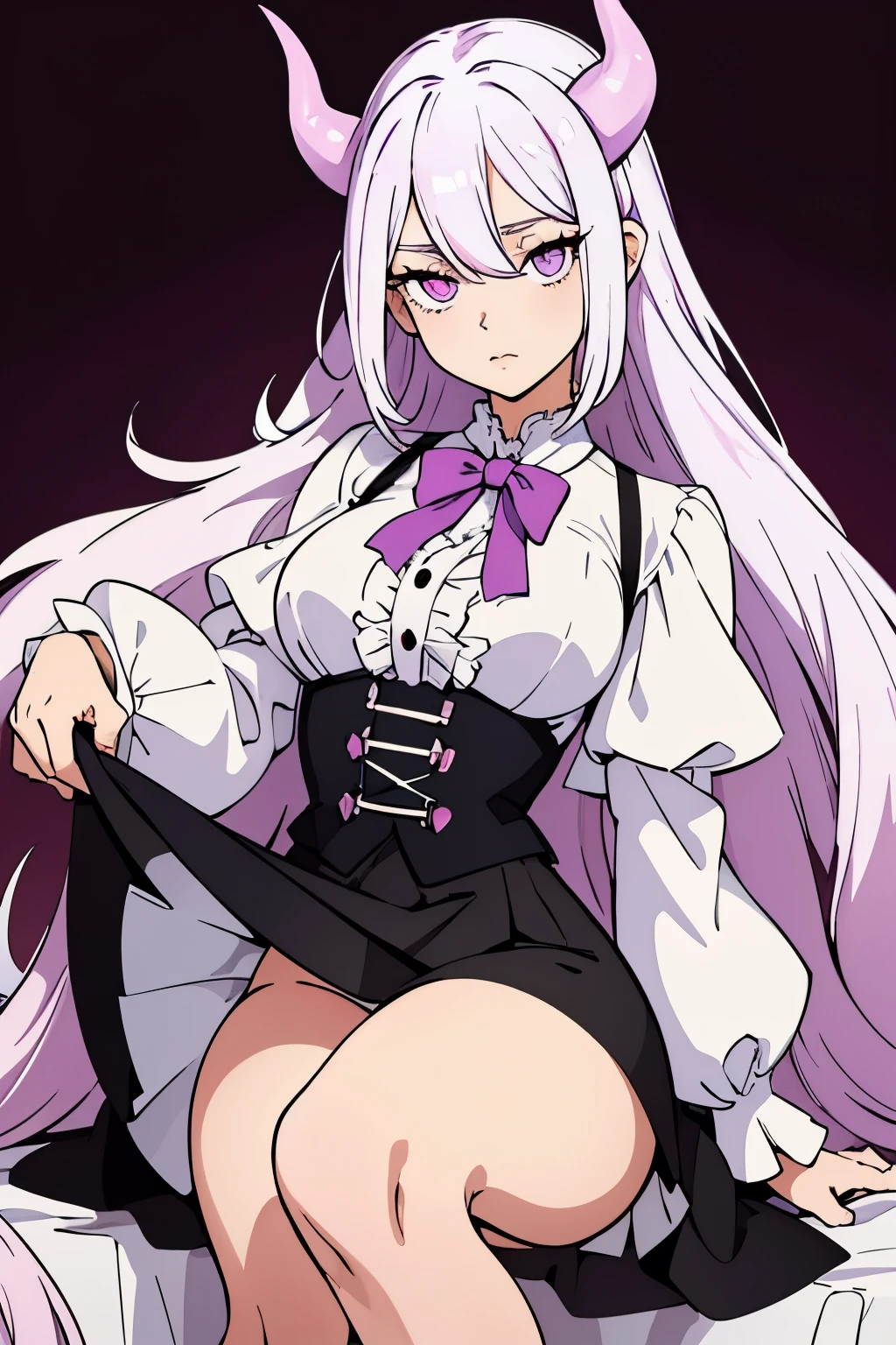 (Best quality:1.1), (Masterpiece:1.4), (Illustration fantastique:1.2), 1fille, ((bimbo)), Cute girl, Long white hair, long strands on the sides, light violet eyes, wide black horns, a very, very short skirt,