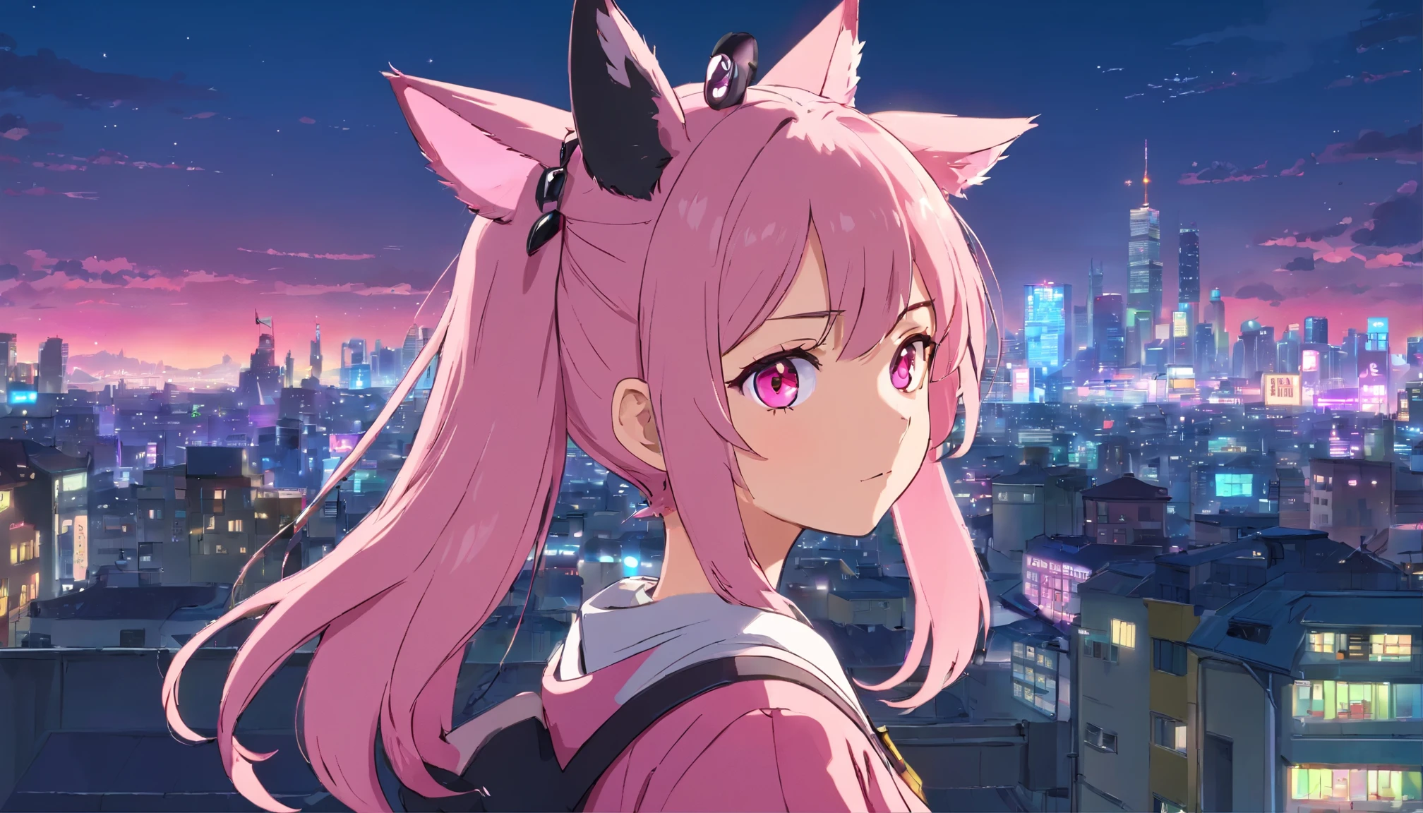 (masterpiece:1.1), (highest quality:1.1), (HDR:1.0), evening, cityscape, 1girl, solo, upper body, cat_ears, ears_down, looking_at_viewer, upper_body, black_pink long hair, pink_eyes, outdoors, cyberpunk, science_fiction, neon_lights
