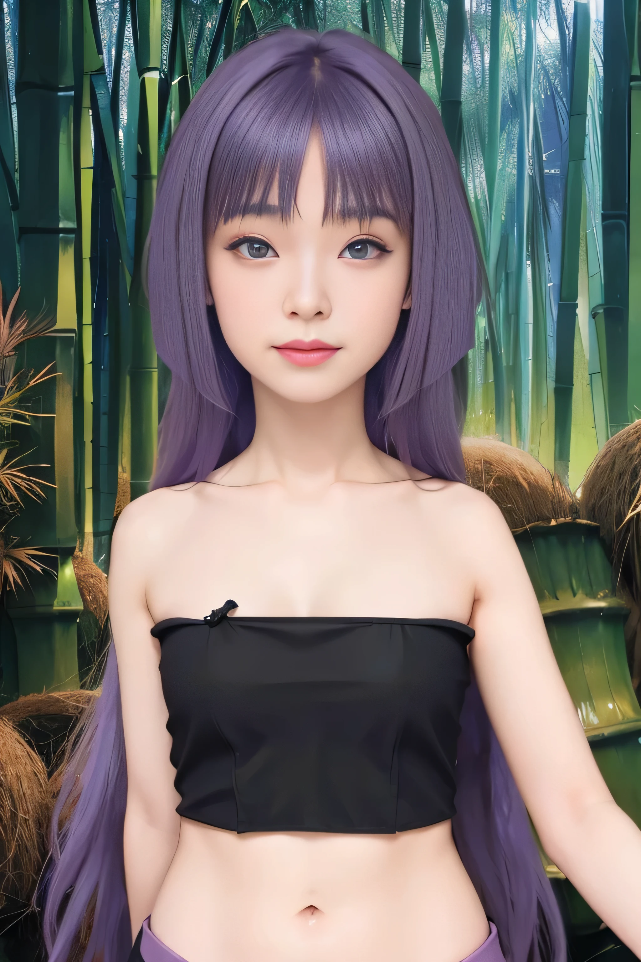 masterpiece, best quality, (realistic,photo-realistic:1.4), (RAW photo:1.2), extremely detailed CG unity 8k wallpaper, delicate and beautiful, amazing,finely detail, official art, absurdres, incredibly absurdres, huge filesize, ultra-detailed,extremely detailed eyes and face,light on face,(little smile),sumire kakei,(purple hair:1.4),(long hair:1.6),(wearing tube top:1.4),(bamboo forest background:1.4),navel