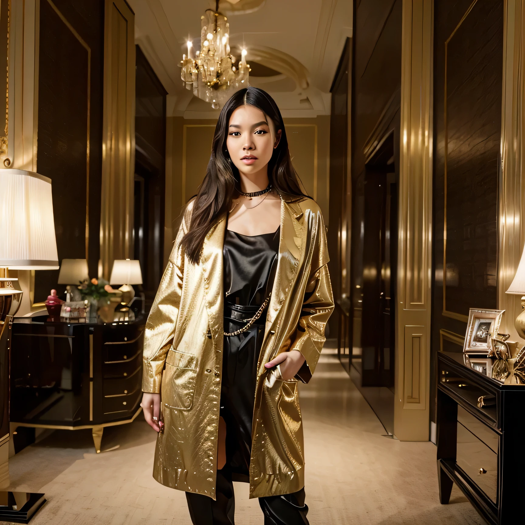 Generate a modern luxury fashion image featuring a female model in her 20s, inspired by the style of Liu Wen. Emphasize prominent clothing brands in the outfit and showcase the model standing in an opulent home setting. Ensure the overall aesthetic is sleek and sophisticatedCapture the essence of sophistication in a mesmerizing shot of a model gracefully immersed in her lavish wardrobe. Surrounded by racks of opulent clothing and accessories, ensure a visually stunning composition that accentuates the timeless pieces without any distractions (focus on the fingers)