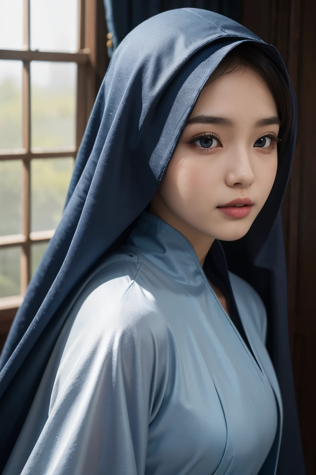 best quality, masterpiece, realistic:, luminate, beautiful muslim, hijab, twirling hijab, fully covered robe, 1 girl, blue hijab, blue eyes, Front, detailed face, beautiful eyes, close up shot, dark blue dress, tight dress, super shiny dress, ao dai dress, volumetric lighting, gorgeous body, moist skin, in a room, window light, 50mm f1.4 lens, fully covered dress, ornamented robe, close up portrait, young face, cute asian face