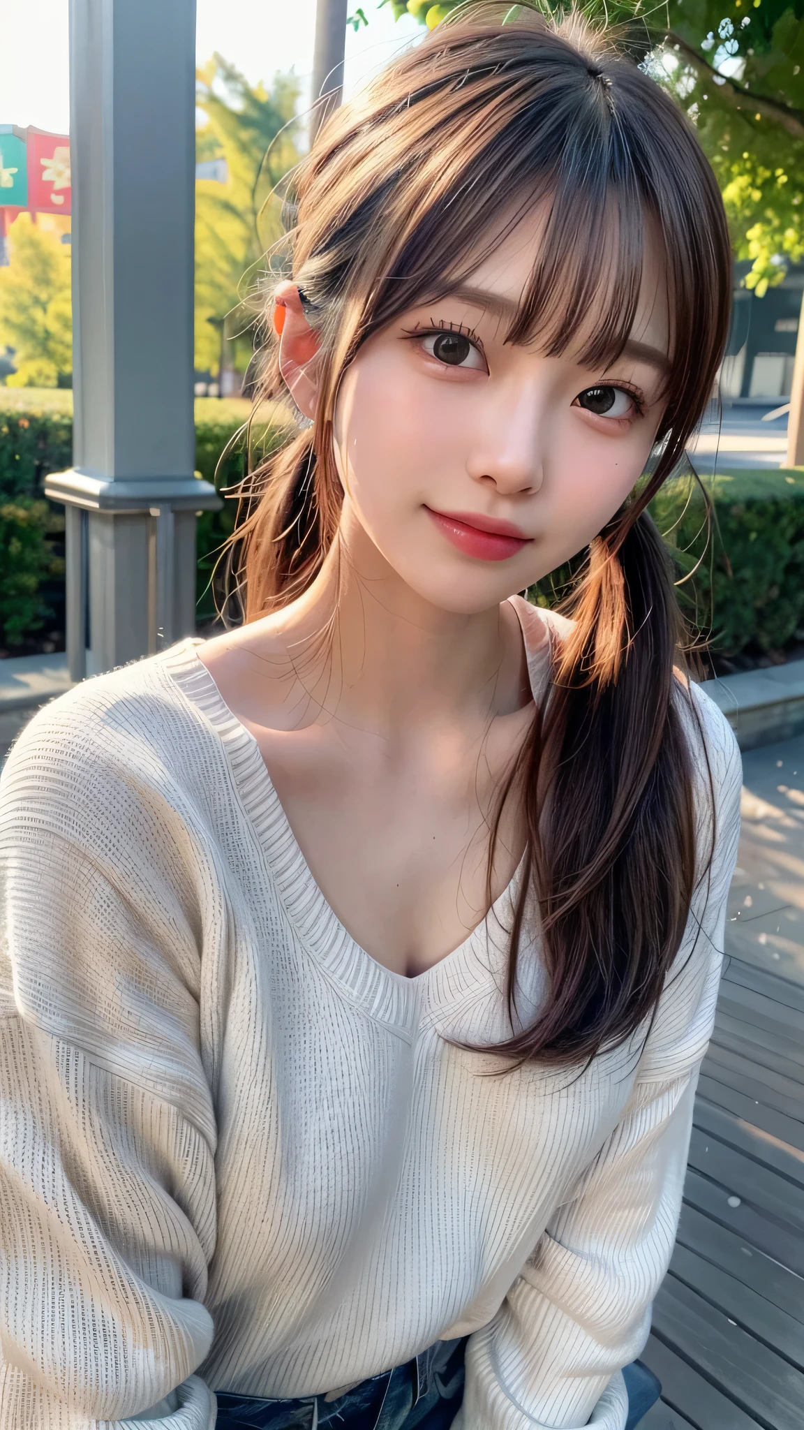 blush,14 years old,small breasts,winter,long hair ponytail,winter,wearing a white long-sleeved knit sweater,wearing jeans,enjoying the date,amusement park,close up of face,((8K, Raw photo, best quality, muste piece:1.2), (Reality, photorealistic:1.4), (Highly detailed 8K wallpaper), Depth of bounds written, cinematic lighting, soft light, detailed beauty eye,Shiny and smooth light brown ponytail, asymmetrical bangs, shiny skin, super detailed skin ,high resolution, high detail, detailed hairstyle, detailed beauty face, hyper real, perfect limbs, perfect anatomy ,1 Japanese girl,famous japanese idol, perfect female body,shy smile,short eyelashes,double-edged eyelids,look straight here,Hair style is ponytail,