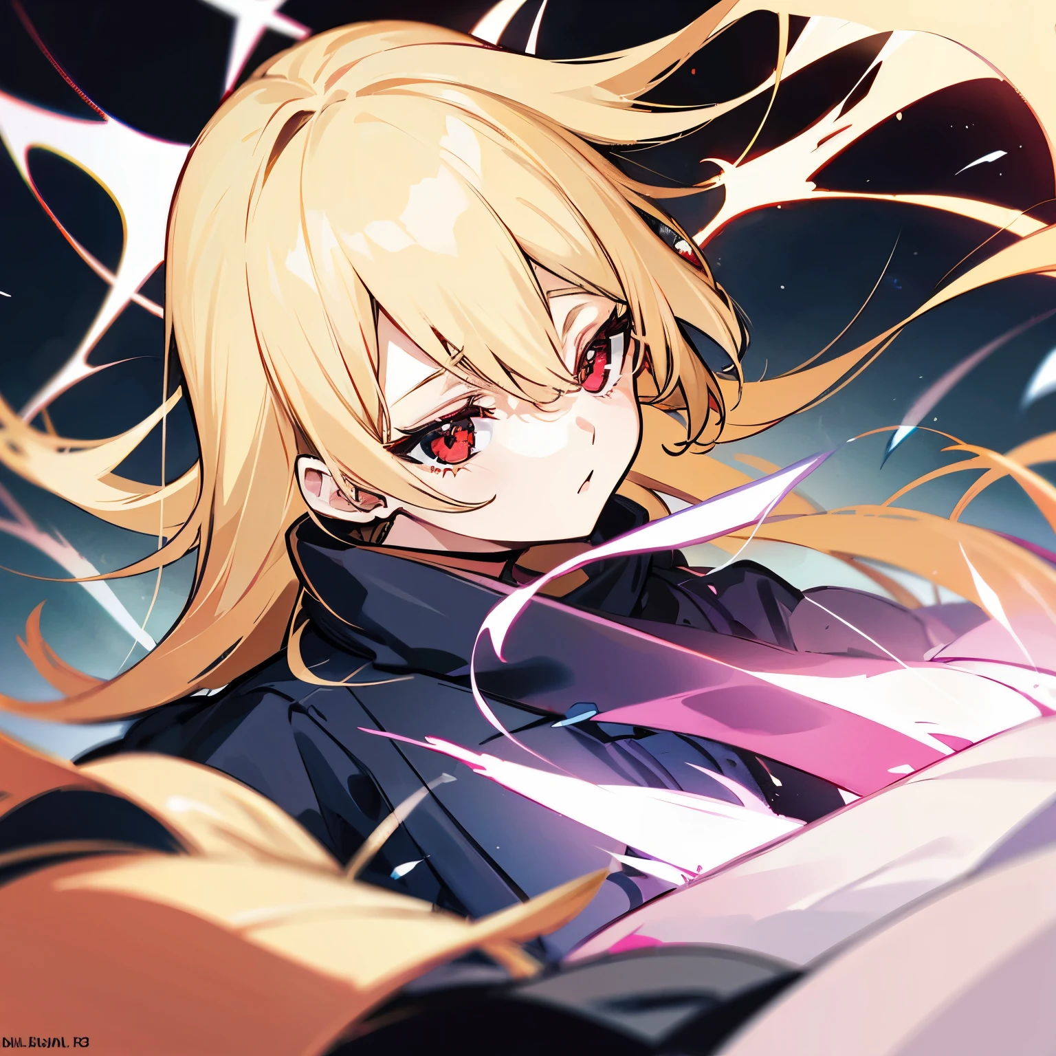25 year old woman, blond hair, red eyes There was black lightning surrounding him.