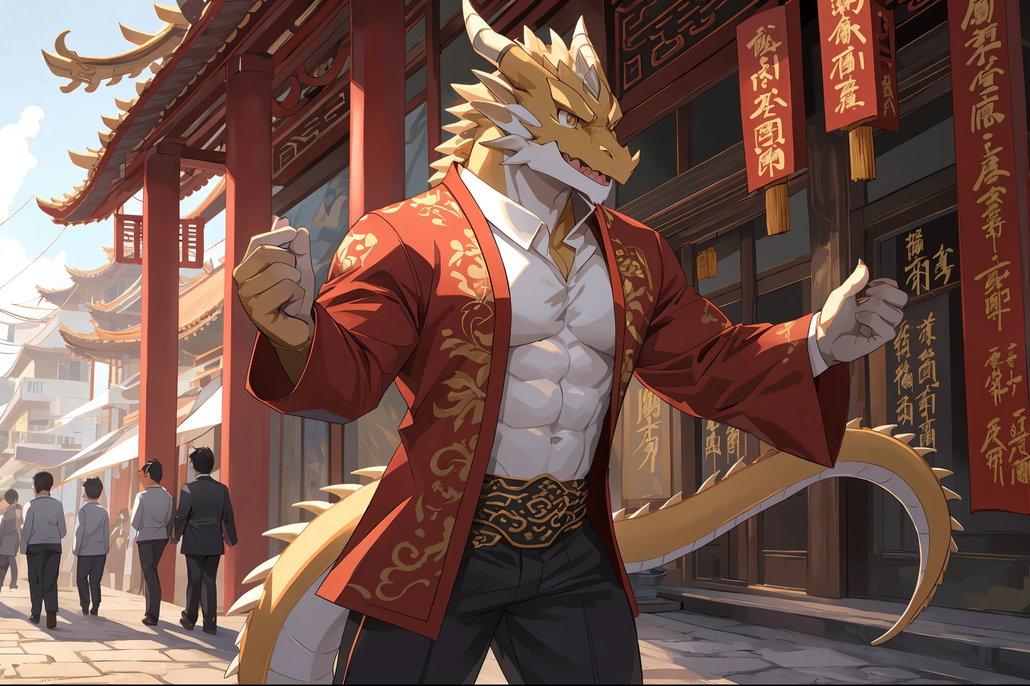 Publaz, dragon, golden fur, two tone, golden eyes, muscular body, perfect eyes, Handsome, nice, ancient chinese dress suit, stand up and move forward, Express, Ancient Chinese street background,(close up),(Surprised eyes:1.3),Turn to look at the screen,dragon角,dragon尾,Different pupils,perfect masterpiece,(16k),white belly,solo,street chinese characters