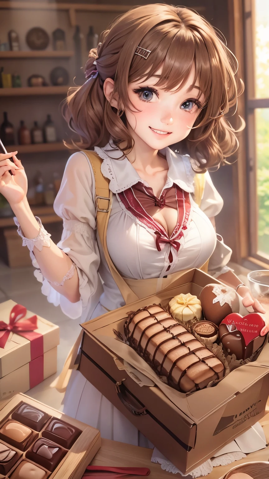 valentine chocolate gifts、realistic、1 girl、cleavage、light brown hair、smile