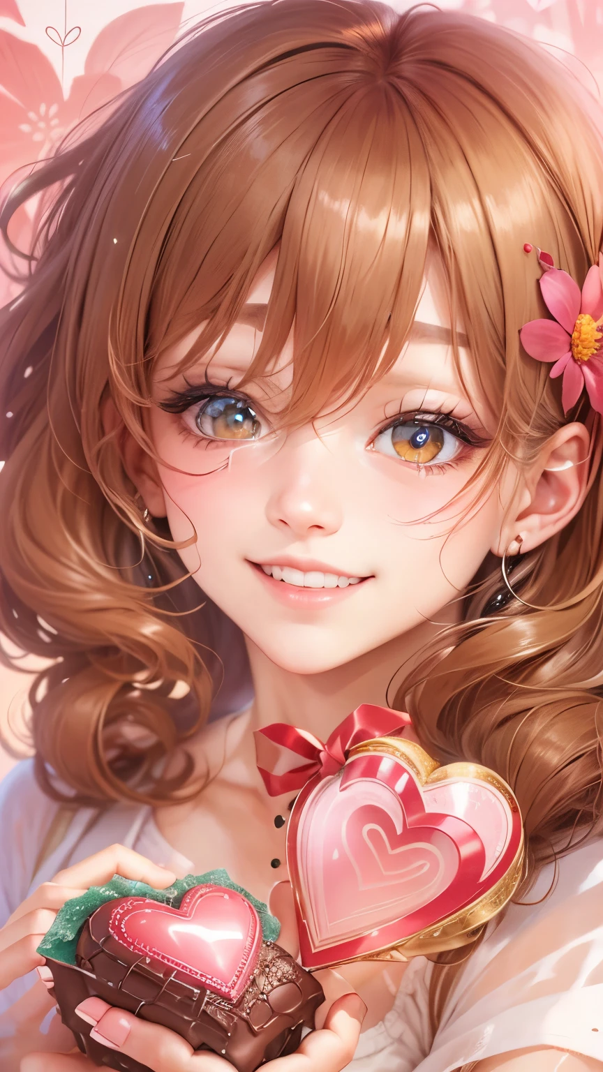 valentine chocolate gifts、realistic、1 girl、cleavage、light brown hair、smile