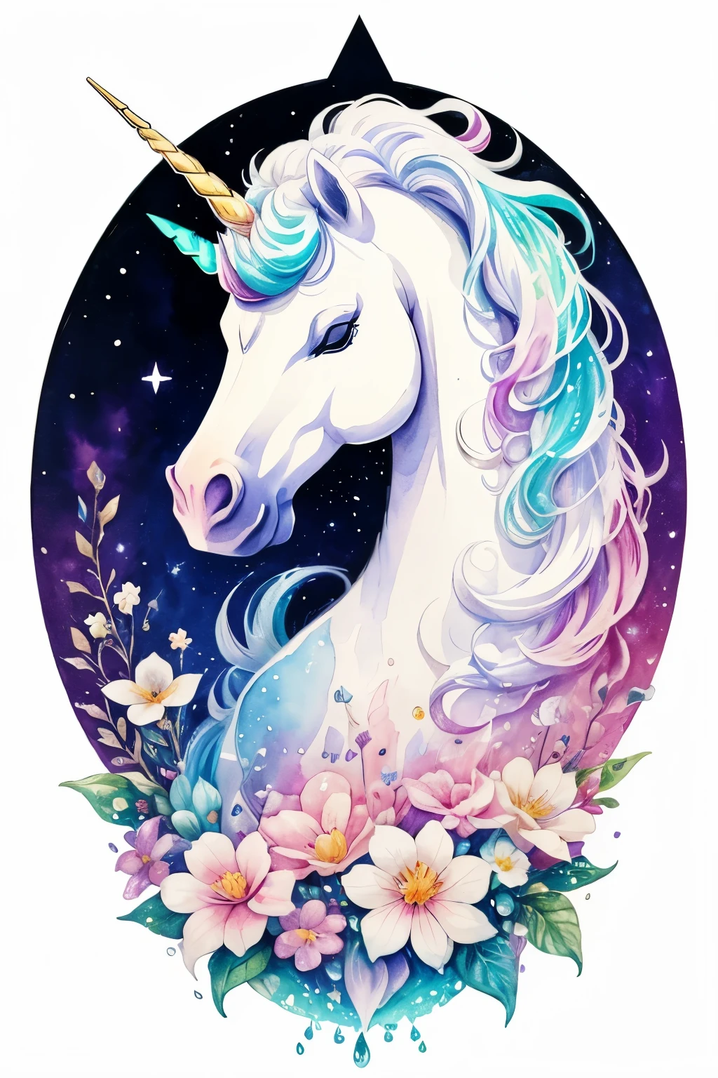 ((animal,watercolor painting,unicorn,white)),beautiful mane,beautiful,colorful flower art,front view, action shot, Bright colors, high detail, logo design, Neo-Traditional Tattoo Styles, 2D, planar vector, Character Design, fantasy art, watercolor paintingのテクニック,watercolor effect, Watercolor abstract, glitter effect,colorful, Gentle water droplets floating on the petals,The moon is shining,star, like a tarot card,shine,digital painting, pop,fancy, 8K,sticker