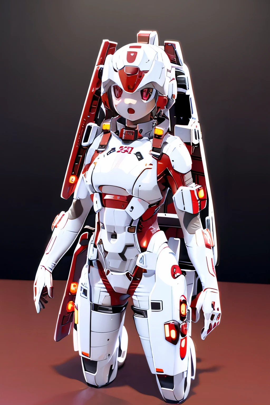 A woman wearing a red robot-like costume、white skin like a robot、kigurumi,