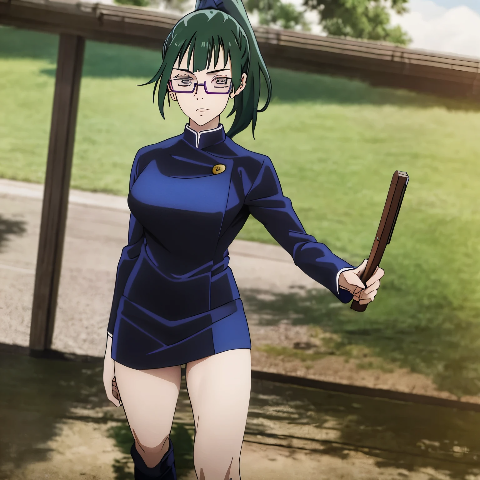 ponytail, green hair, 1girl, uniform, underwear, looking at viewer, legs, thigh, (beautiful detailed eyes:1.6), perfect lighting, extremely detailed CG