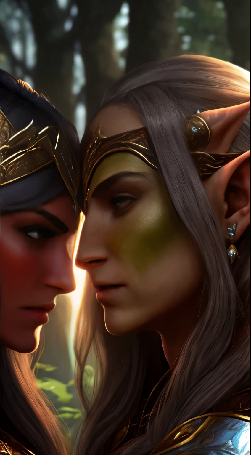 a beautiful female elf warrior and a beautiful female orc warrior, face to face, they are caressing each other, 8k, ultra realistic, extremely detailed