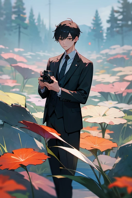 man in suit。fade cut。short hair。I&#39;m holding a single-lens reflex camera。surrounded by nature。