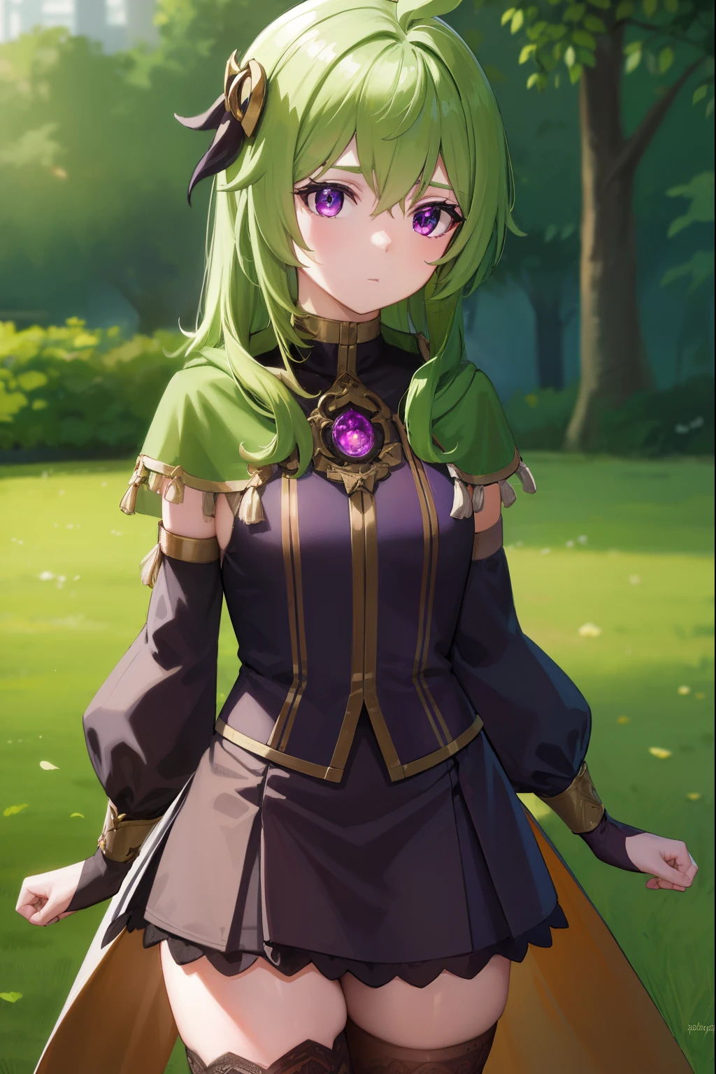 collei, collei, crossed bangs, green hair, hair ornament, medium hair, (purple eyes:1.1), sidelocks,
BREAK black gloves, black skirt, black straps, bridal gauntlets, brown thighhighs, capelet, detached sleeves, gem, gloves, green capelet, green gemstone, jewelry, long sleeves, puffy long sleeves, puffy sleeves, shirt, skirt, sleeveless, sleeveless shirt, thighhighs, zettai ryouiki
BREAK outdoors, nature, forest,
BREAK looking at viewer, (cowboy shot:1.5),
BREAK (masterpiece:1.2), best quality, high resolution, unity 8k wallpaper, (illustration:0.8), (beautiful detailed eyes:1.6), extremely detailed face, perfect lighting, extremely detailed CG, (perfect hands, perfect anatomy),