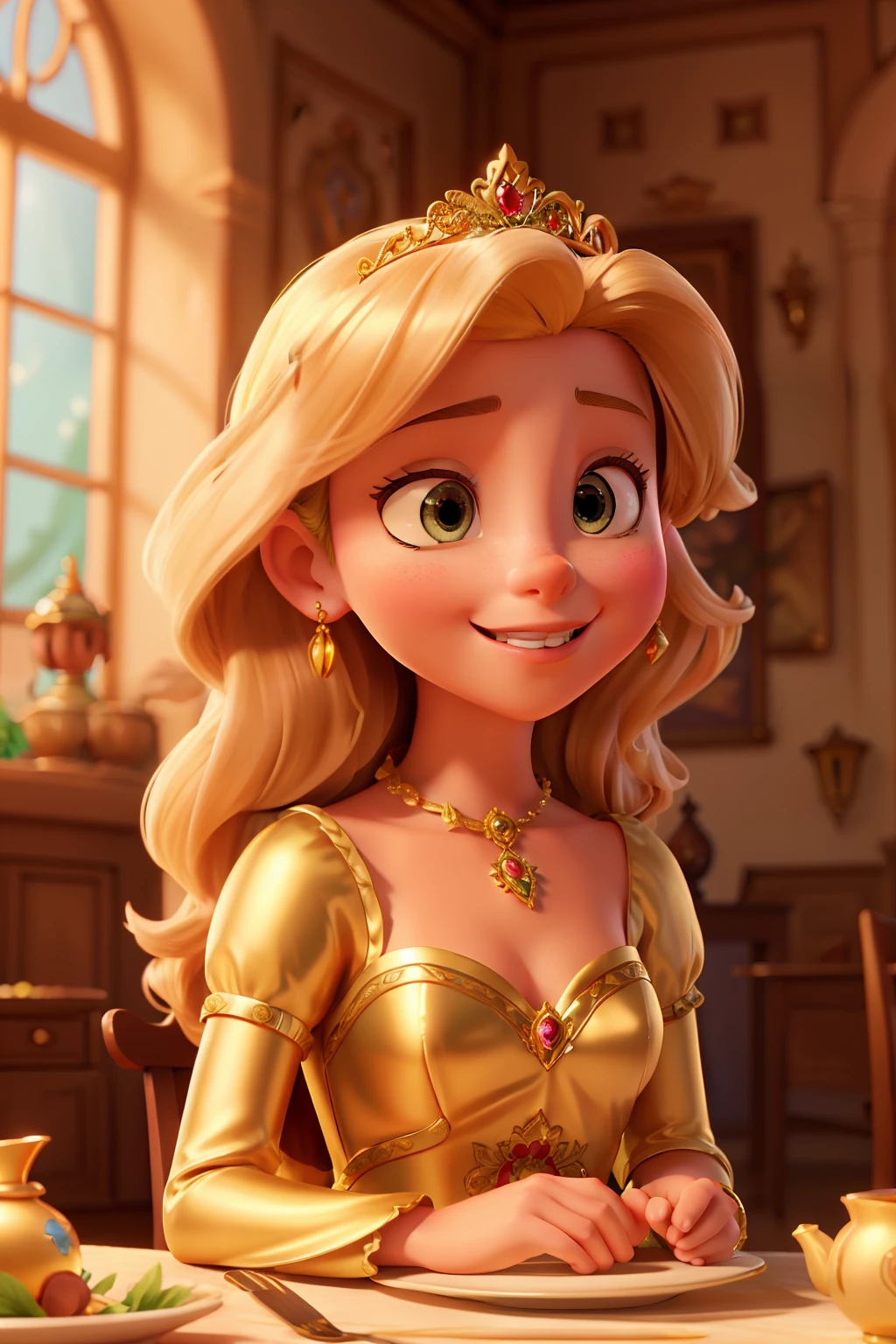 Description: In this enchanting Disney-style drawing, a princess is depicted. She is adorned in a splendid gown, the color of a thousand sunsets, with a delicate floral crown gracing her long, golden locks. The scene is set in a pristine, Pixar-quality environment, where the sun casts a warm, golden glow over the land. The princess is seated at a lavishly set table, enjoying a sumptuous banquet, her mouth curved in a satisfied smile, her eyes sparkling with delight.
Make: For this Disney Action Drawing, let us pay careful attention to the princess's features. Her face is heart-shaped, with full