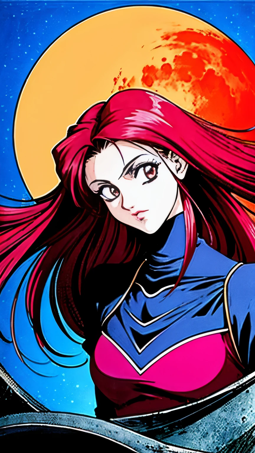 Retro anime, 90s aesthetic, dark fantasy, Castlevania type, gothic, medieval, young girl, beautiful face, good body, big red moon on background, castle