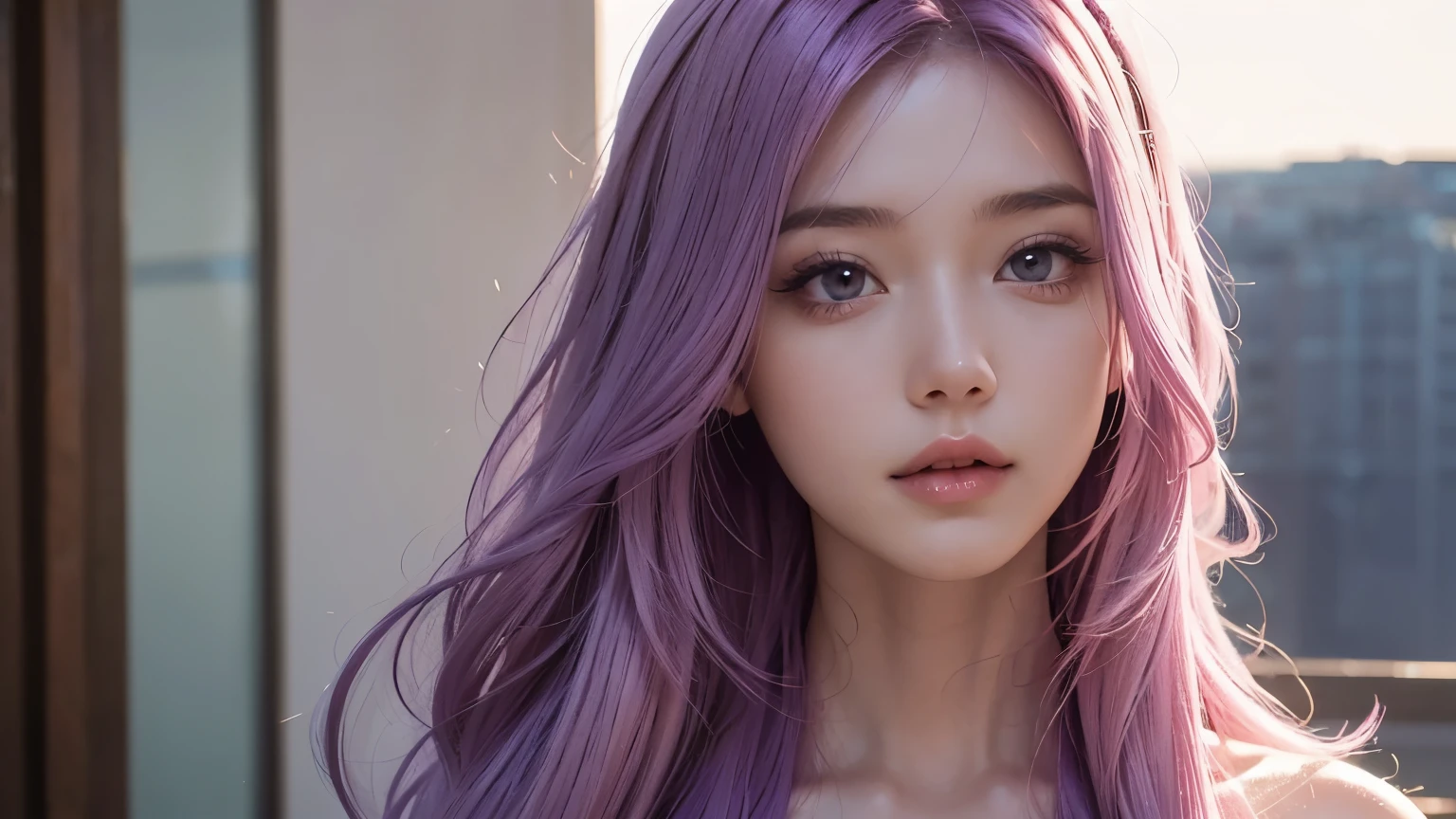 A girl with long light pink soft purple hair, sexy body, good quality, detailed face, beauty detailed face