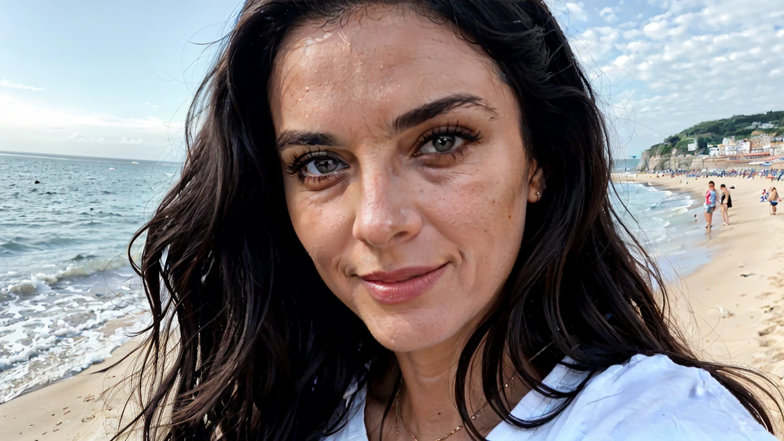 50-year-old beautiful Italian luxury woman, few wrinkles, medium breasts, wearing a low-cut t-shirt and jeans, wide position at the seaside in summer, looks me in the eyes with long, black, wavy hair, 32k