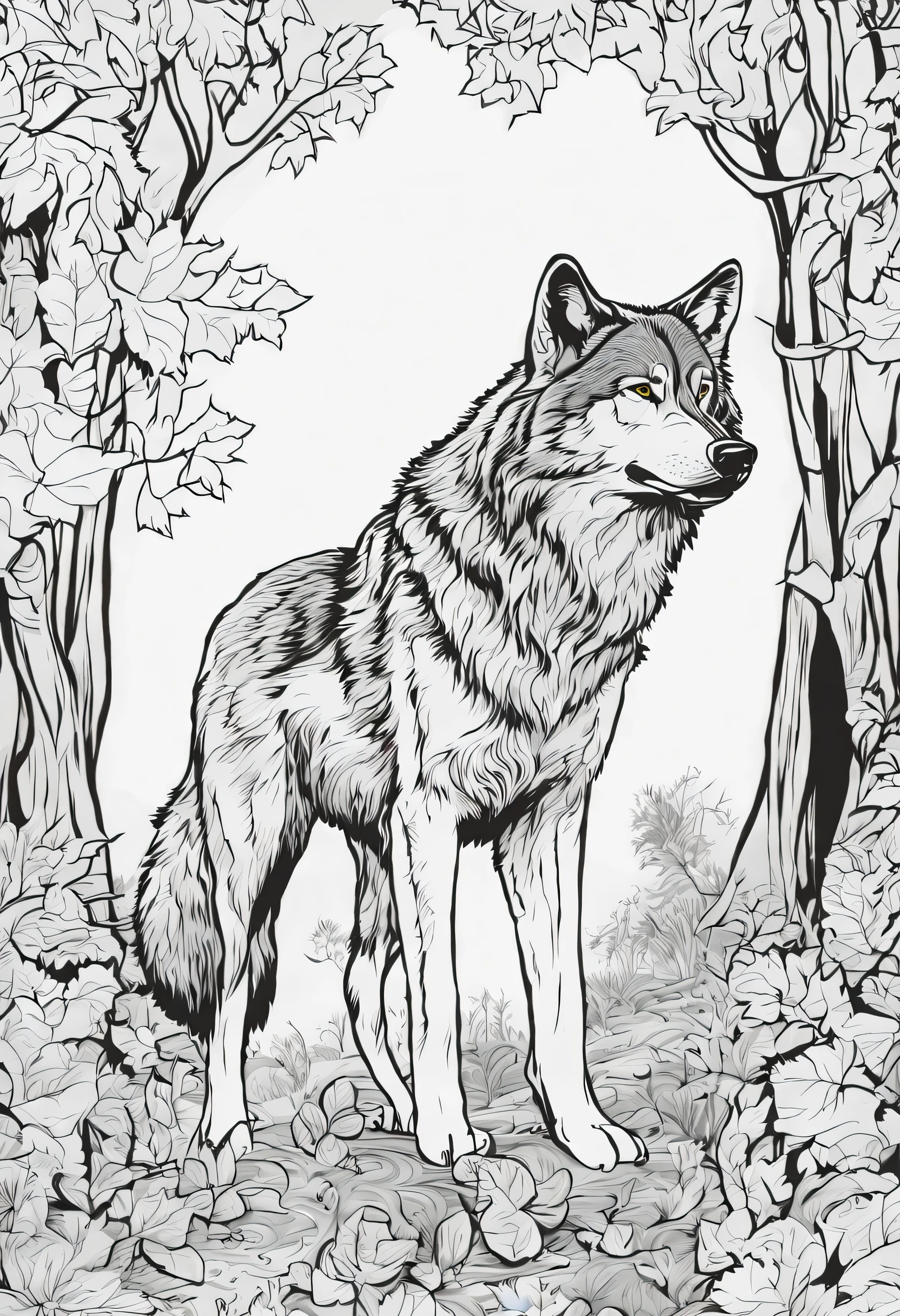 lobo na natureza, livro de colorir, Vetor, fundo branco, Preto e branco, Vetor, contorno