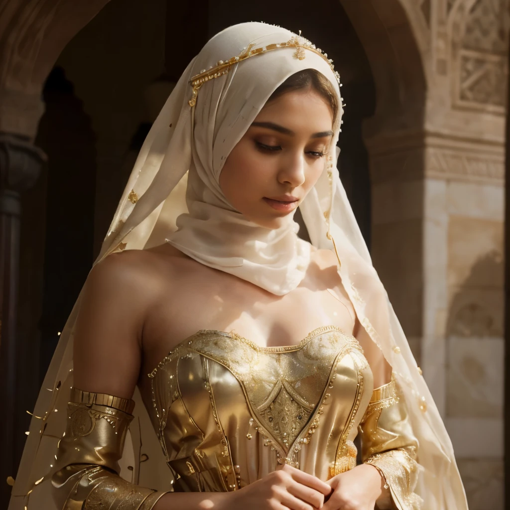 Create a photorealistic image of a Muslim princess with a head covering hijab, capturing her elegance and the rich cultural heritage of her background. The princess should be fully covered in traditional regal attire, which could include a luxurious, embellished gown or a traditional dress specific to her region, complete with intricate patterns and vibrant colors. Her jewelry should be ornate, featuring pearls, gemstones, and gold, reflecting her status and the Islamic artistry. The setting should be a majestic palace courtyard or an ornate room that showcases Islamic architecture, with elements such as intricate mosaics, elaborate arches, and lush gardens visible in the background. The lighting should highlight the details of her attire and the architectural beauty around her, creating a warm and inviting atmosphere. Her expression should be serene and dignified, with a poised and graceful posture, embodying the strength and wisdom expected of royalty. A muslim princess is always fully covered and cant show her body skin.