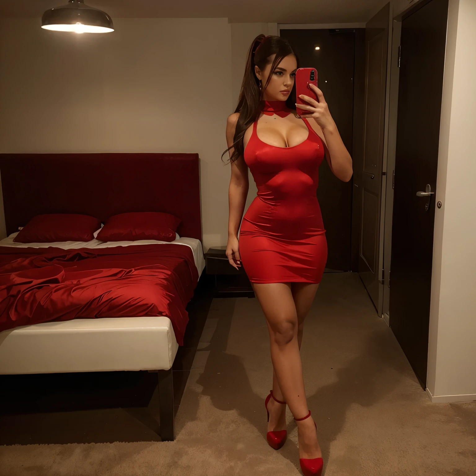 Busty, chav, skin tight red dress, high heels, selfie